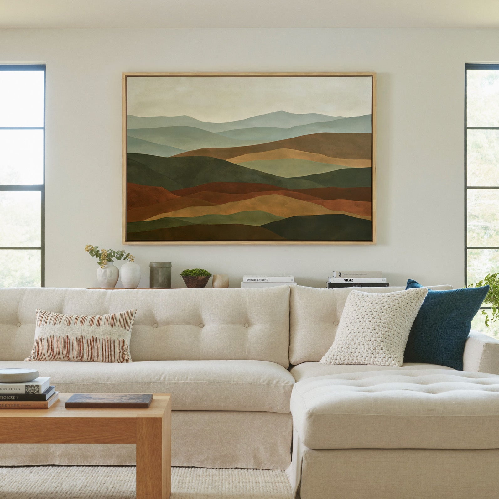 layered hills in sage, olive, rust, and tan canvas wall art in a natural wood frame in a living room