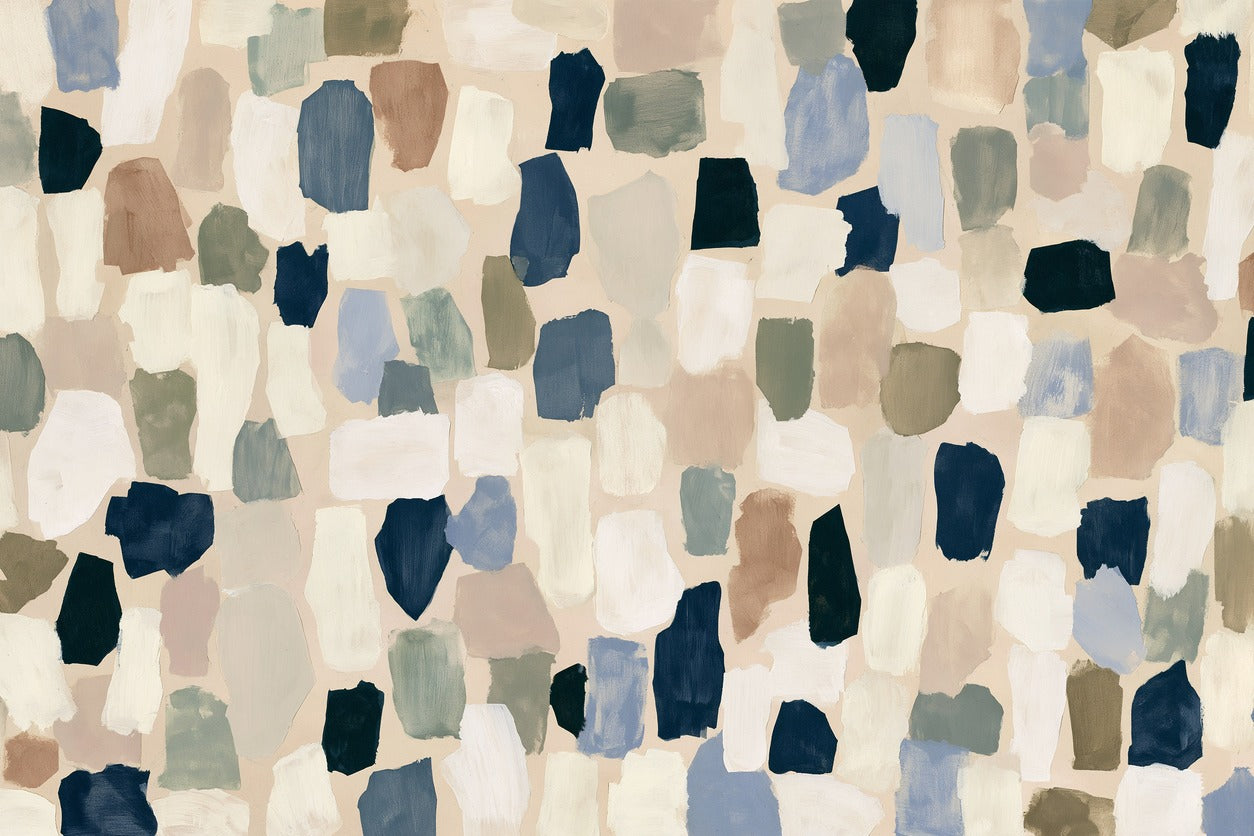 Drifting rectangular shapes in cream, navy, sage, and blue gray across a warm stone field