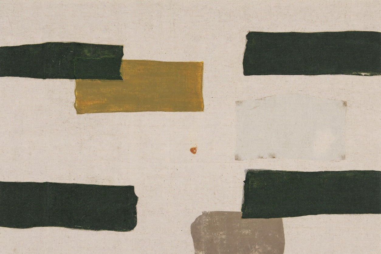 Dark green blocks and a muted gold rectangle on a cream abstract field with open center