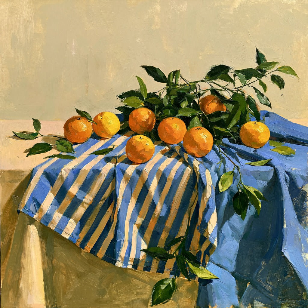 Oranges clustered on a blue striped cloth with dark green leaves and a pale background