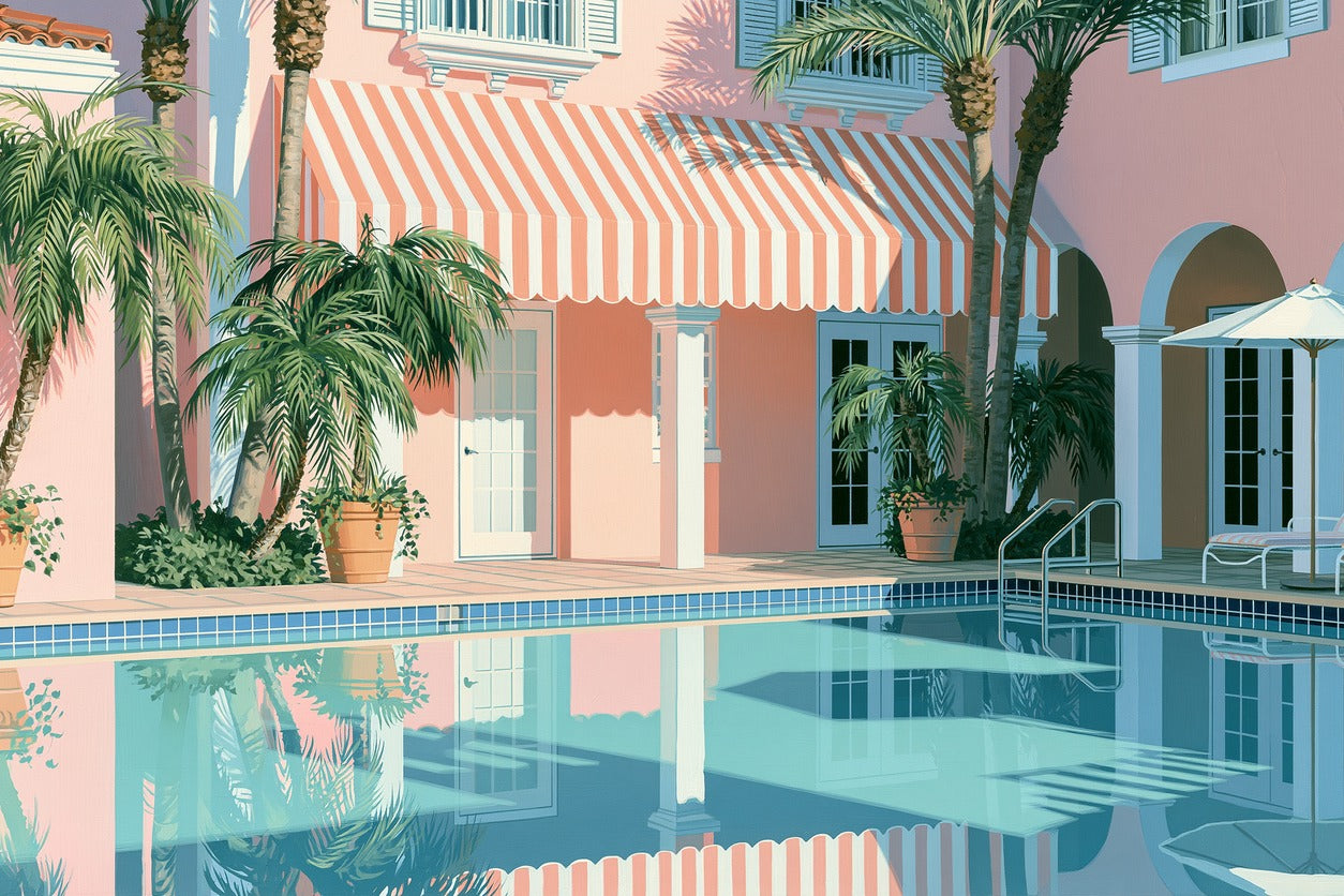 Pastel courtyard with striped awning, palms, and mirrored pool in pink and aqua