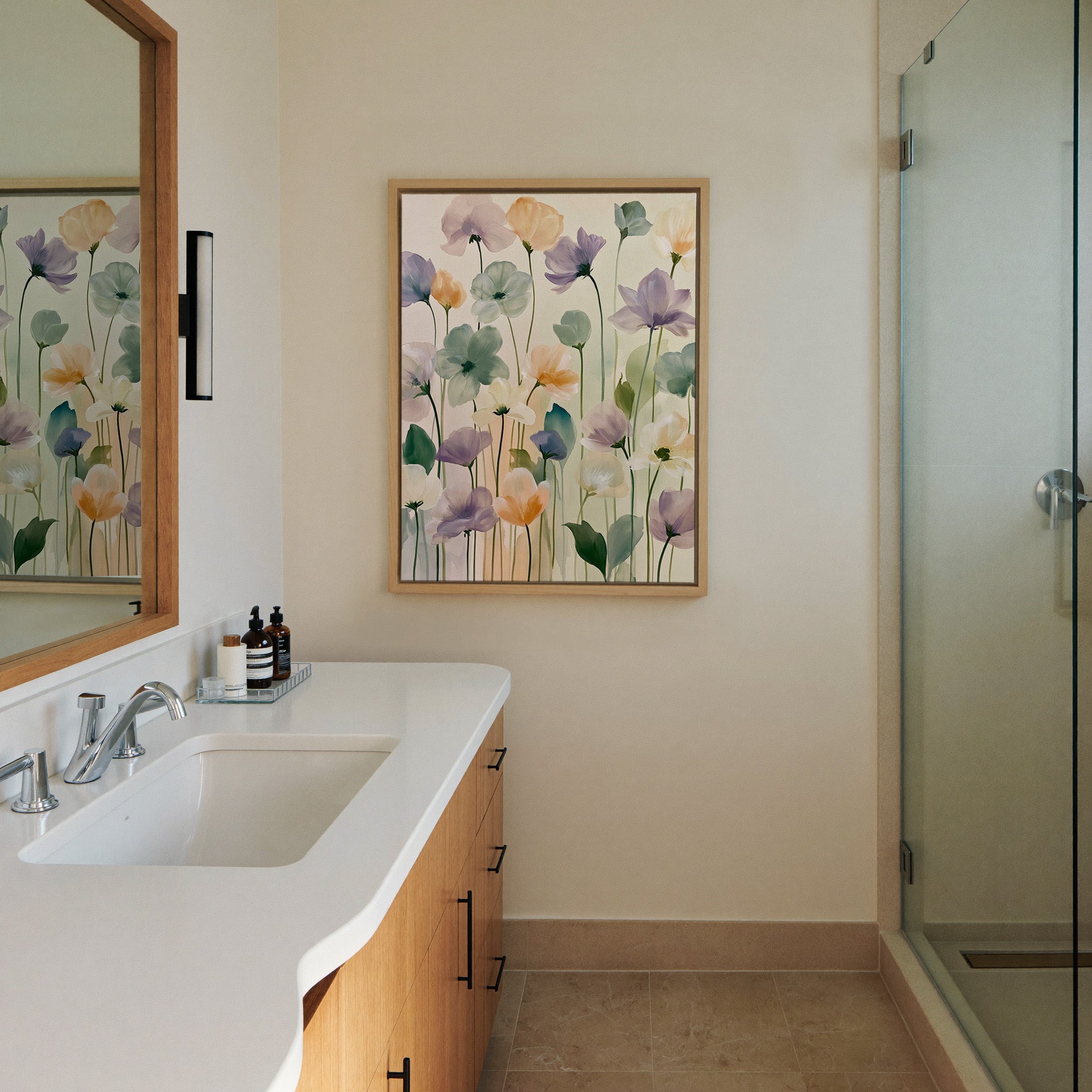 soft lavender, sage, peach, and cream floral canvas wall art in a natural wood frame in a styled room setting