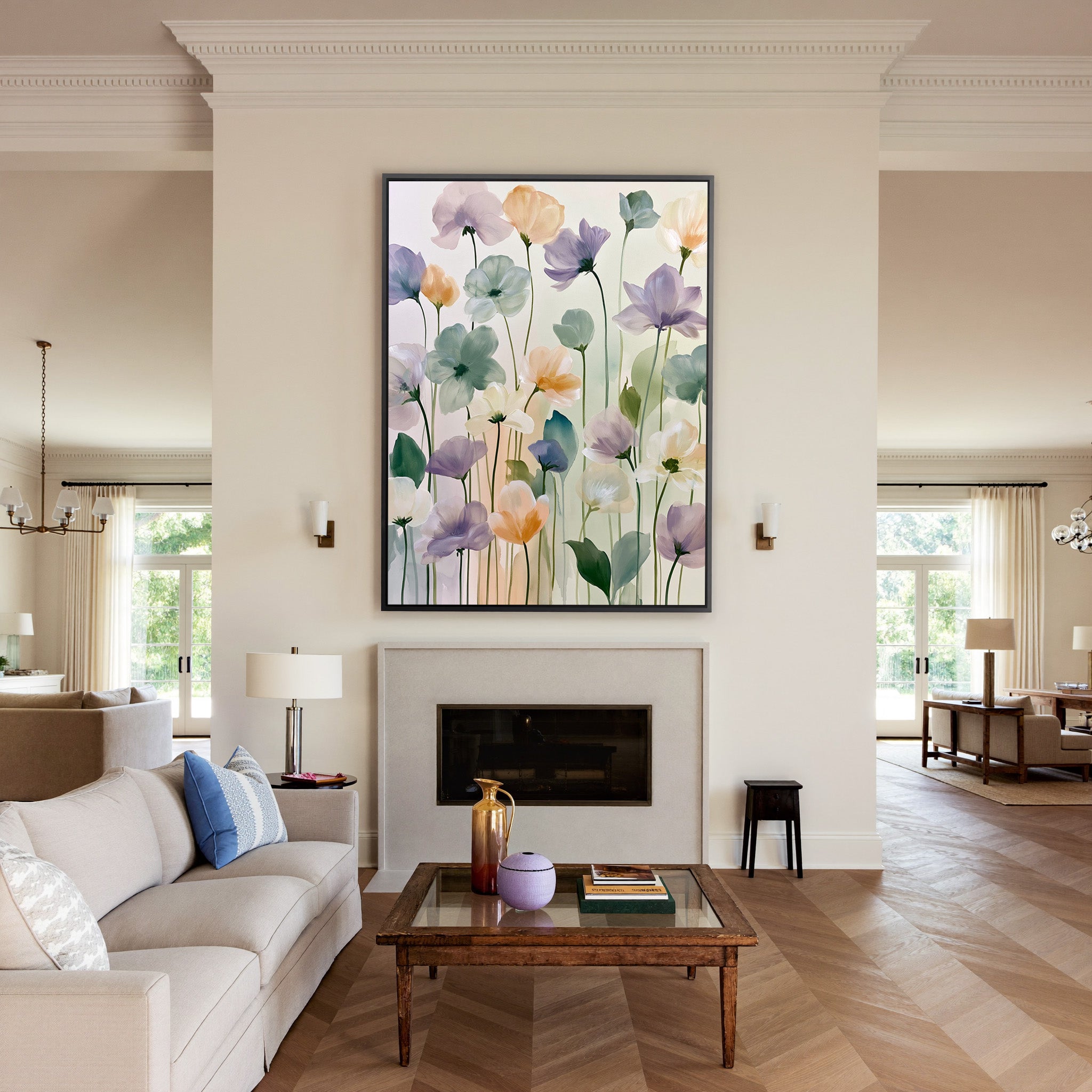 soft lavender, sage, peach, and cream floral canvas wall art in a black frame above a mantel