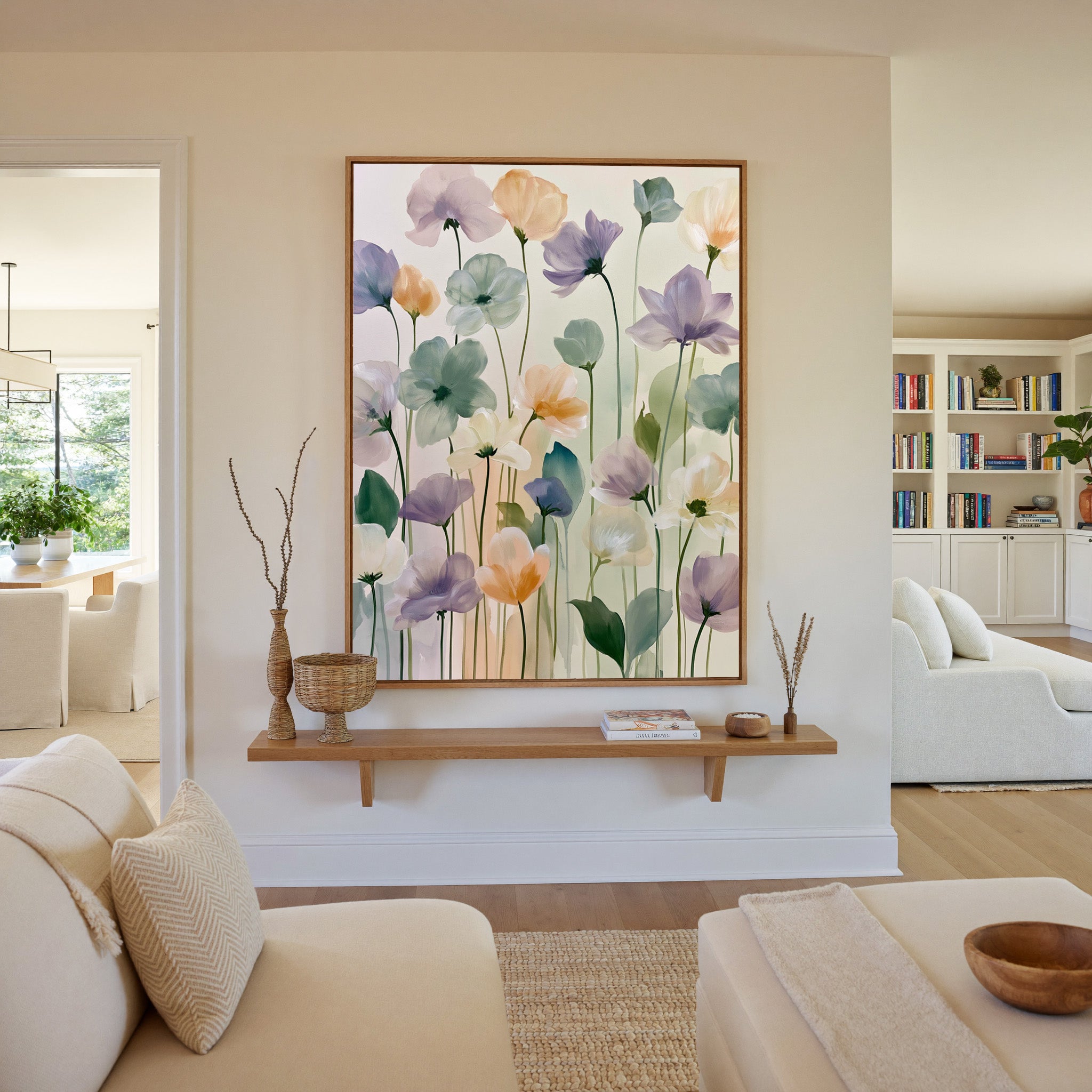 soft lavender, sage, peach, and cream floral canvas wall art in an oak frame in a living room