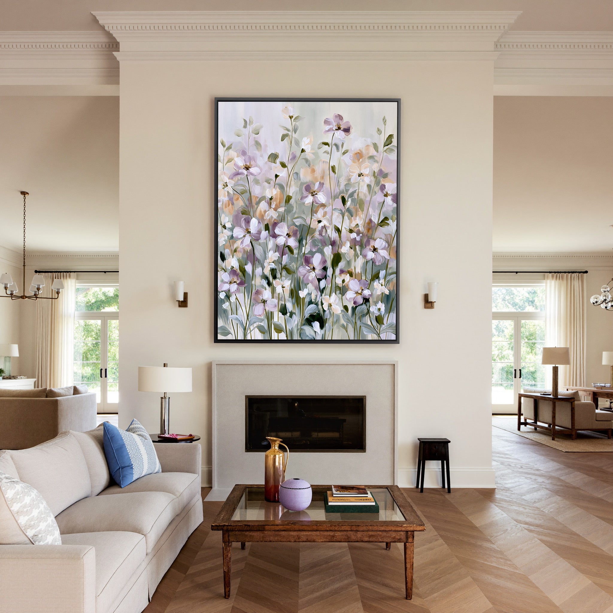 soft lavender and sage floral field canvas wall art in a black frame above a mantel