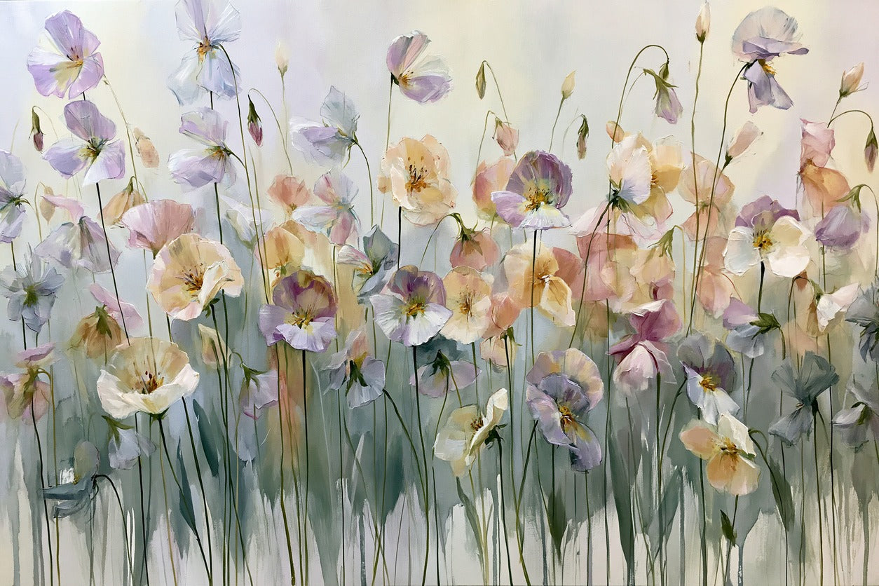 Loose lavender, sage, peach, and cream flowers on slender stems against a pale ground