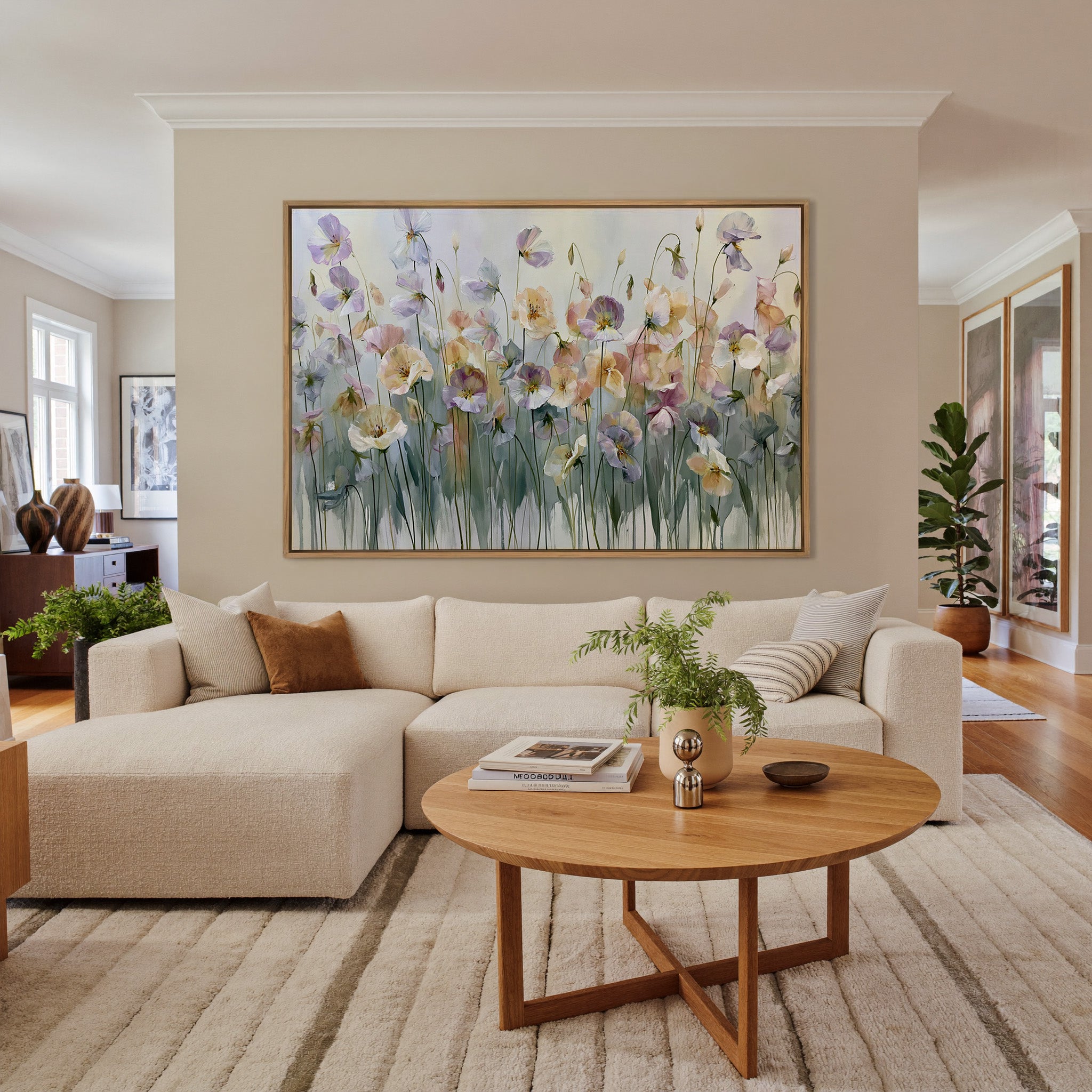 soft lavender, sage, peach, and cream floral canvas wall art in an oak frame in a living room