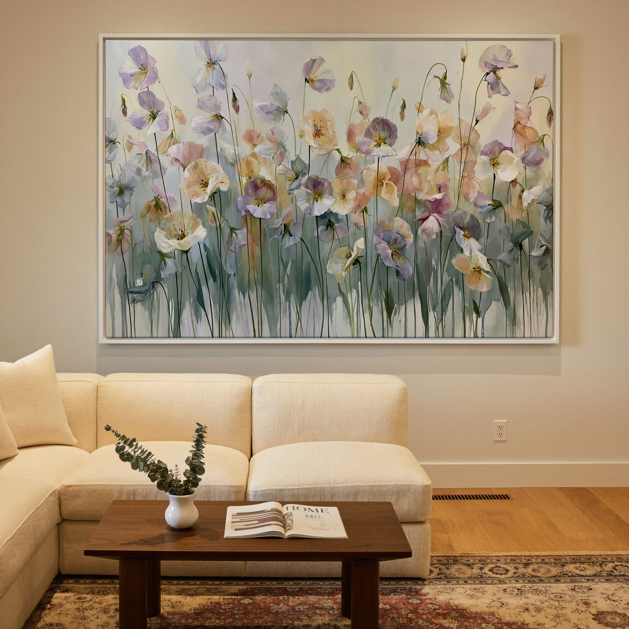 soft lavender, sage, peach, and cream floral canvas wall art in a white frame in a styled room setting