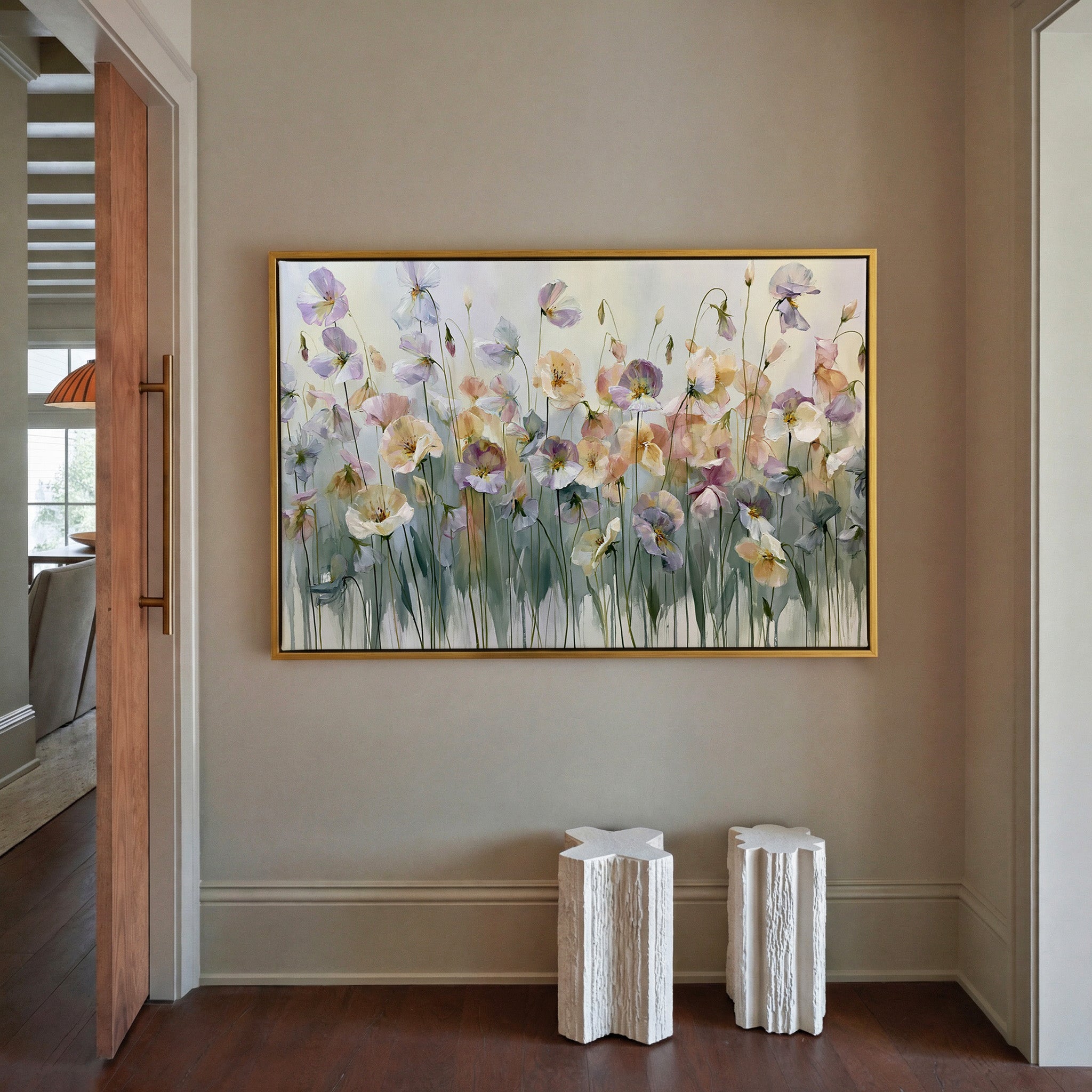 soft lavender, sage, peach, and cream floral canvas wall art in a gold frame in a styled room setting