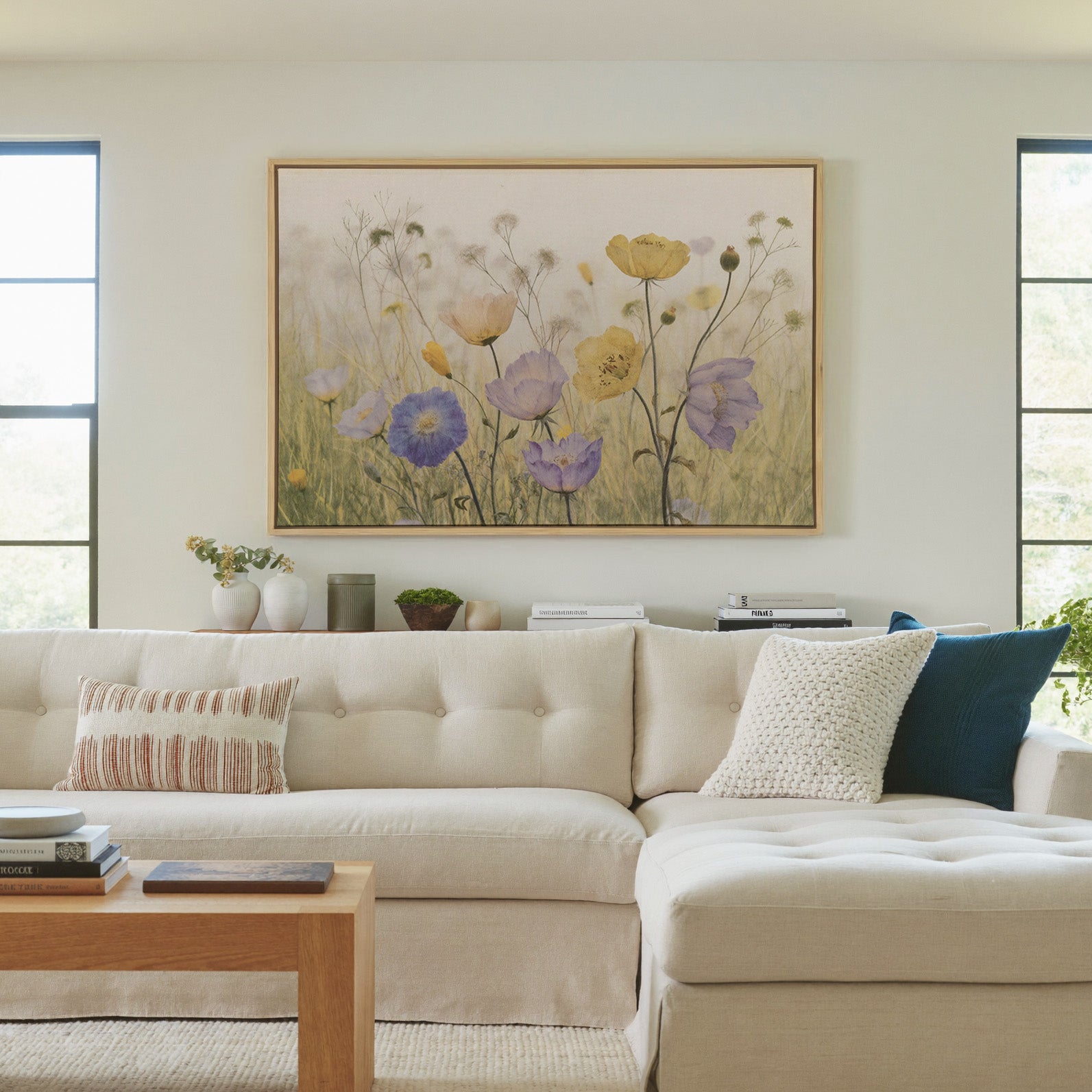 soft wildflower field with lavender, yellow, canvas wall art in a natural wood frame in a living room