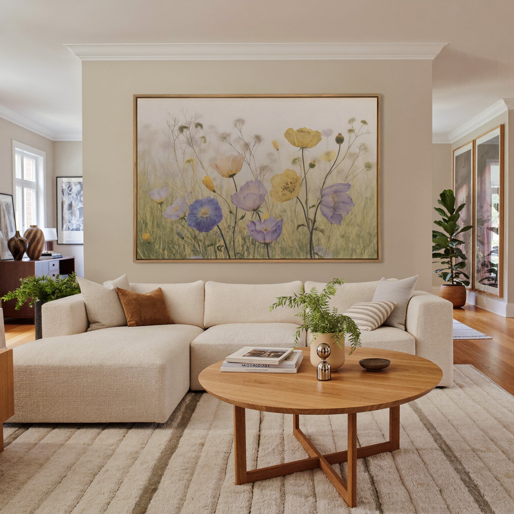 soft wildflower field with lavender, yellow, canvas wall art in an oak frame in a living room