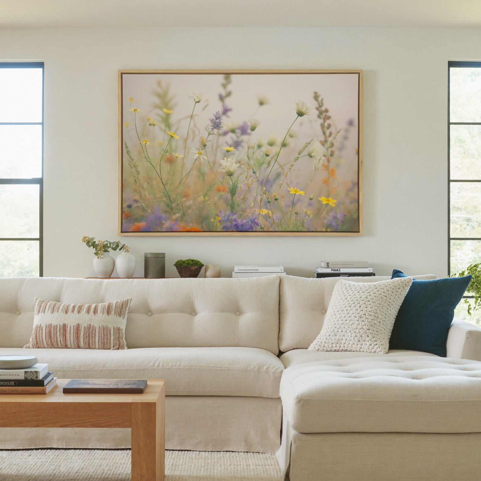 pastel wildflower field with yellow, white, and canvas wall art in a natural wood frame in a living room