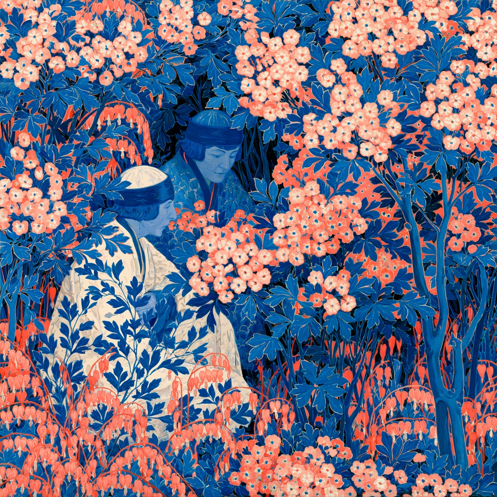 Two seated figures framed by dense blue leaves and coral blossoms in a patterned garden scene