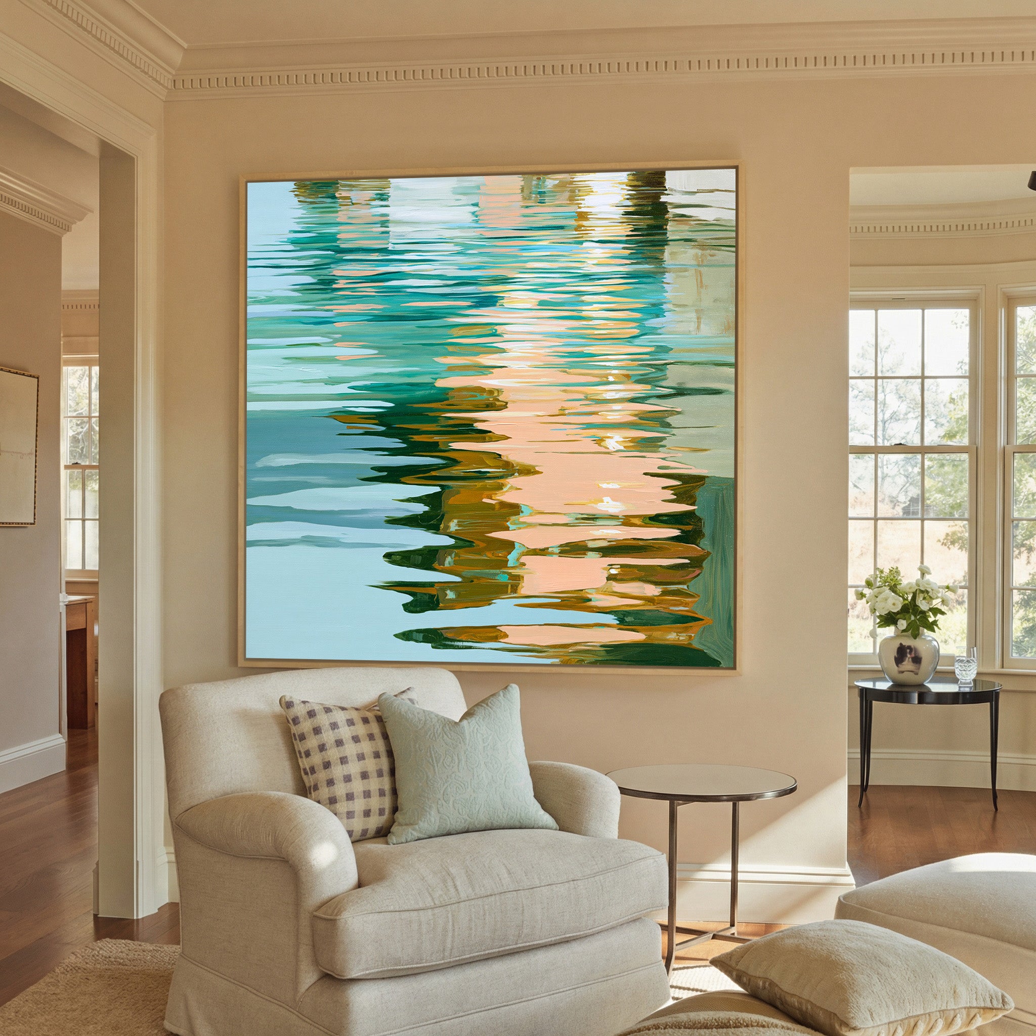 turquoise, peach, and olive abstract with canvas wall art in a natural wood frame in a styled room setting