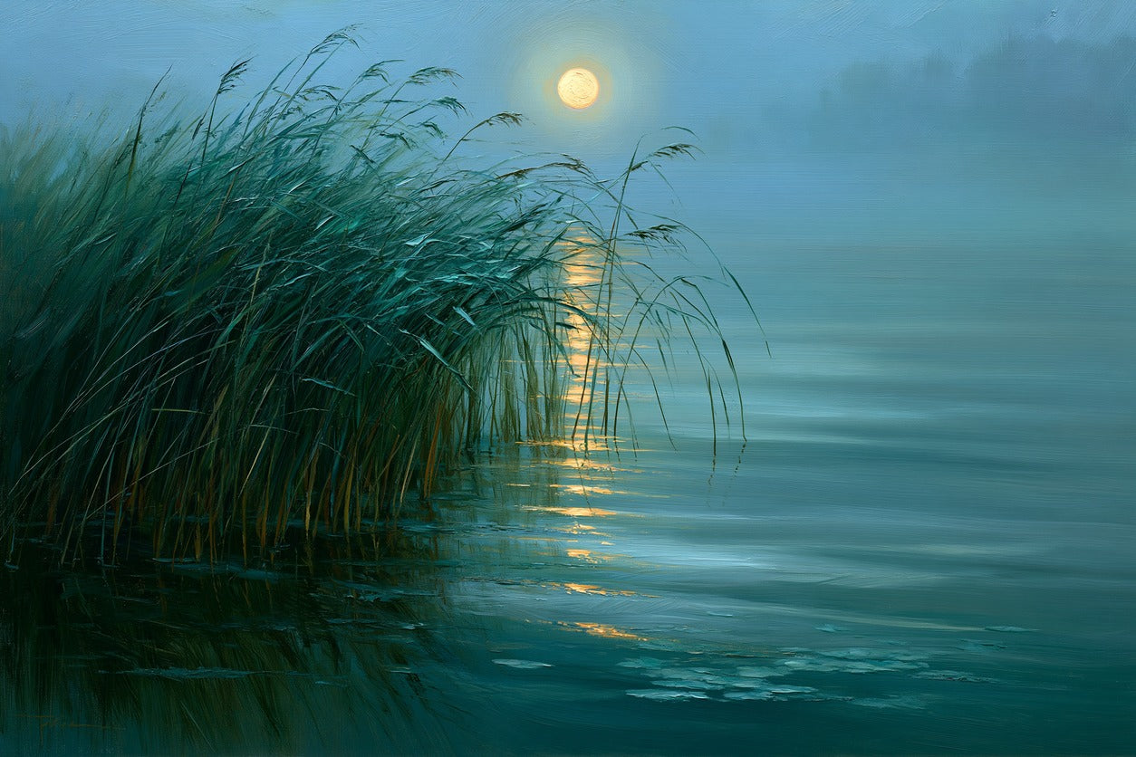 Dark reeds at the left edge of a teal lake, with a gold moon reflection and smooth blue water