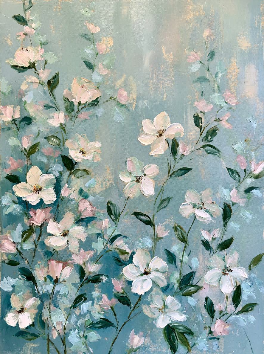 Cream and blush floral stems with mint leaves scattered across a soft blue ground