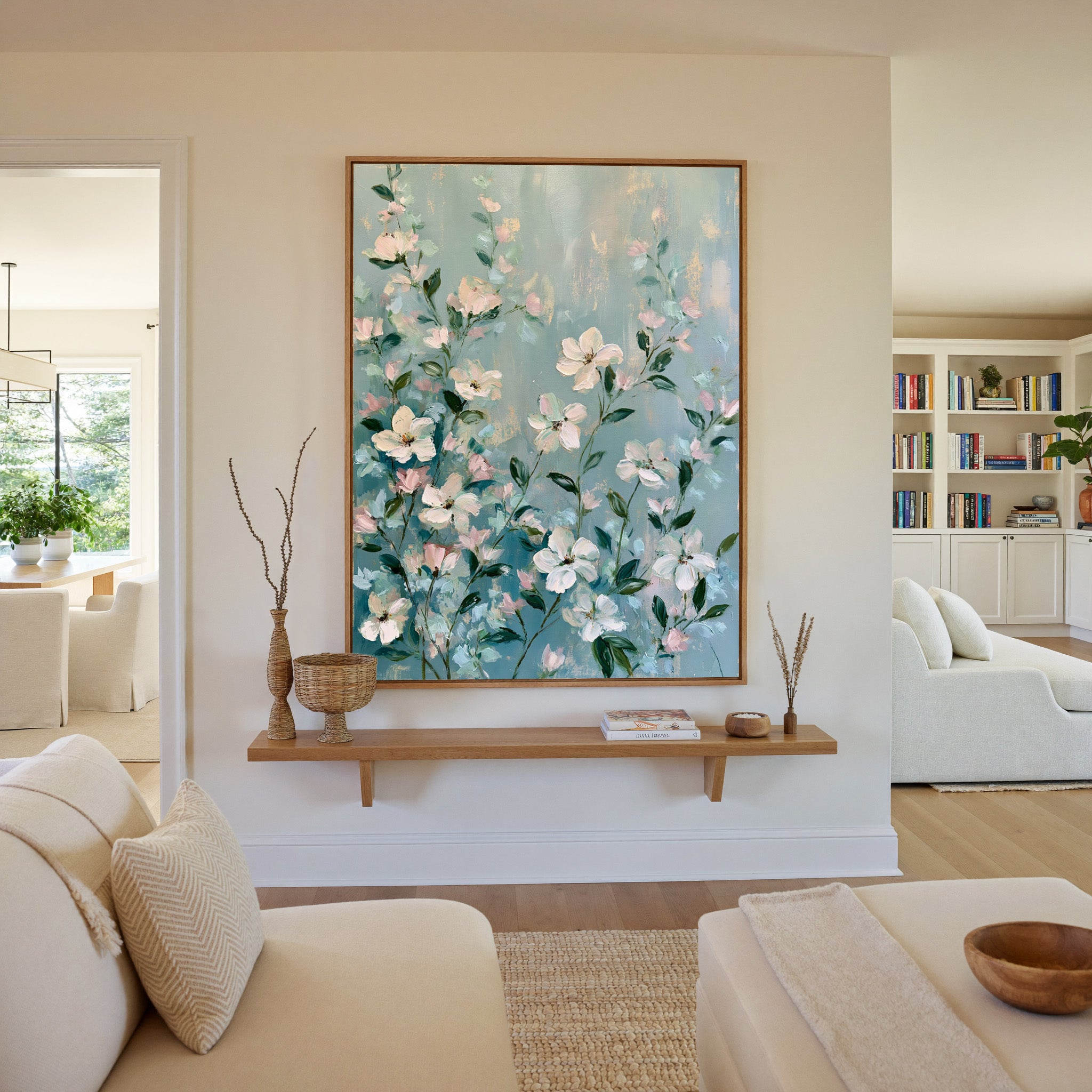 cream, blush, and mint floral garden canvas wall art in an oak frame in a living room