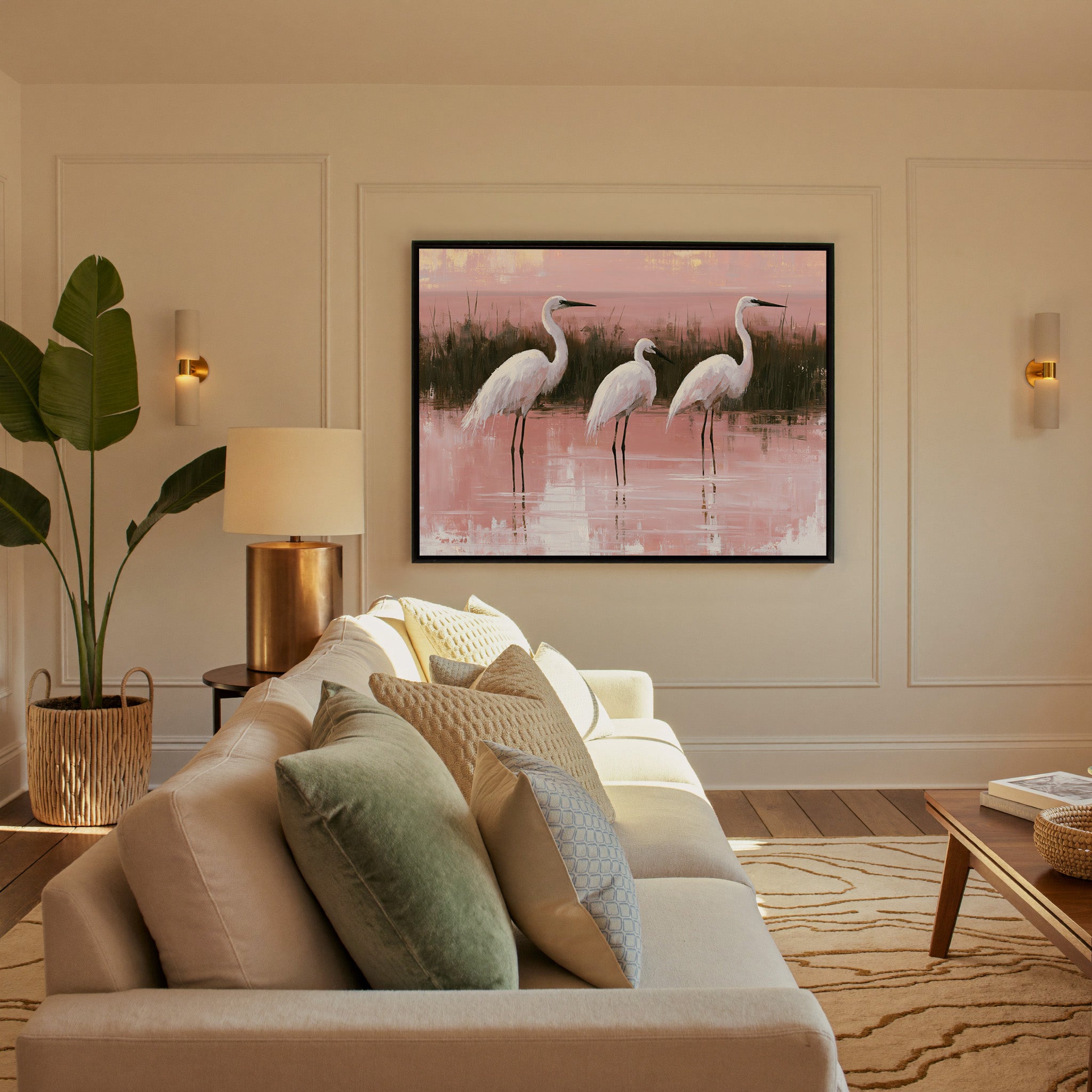 white egrets in shallow pink water canvas wall art in a black frame in a styled room setting