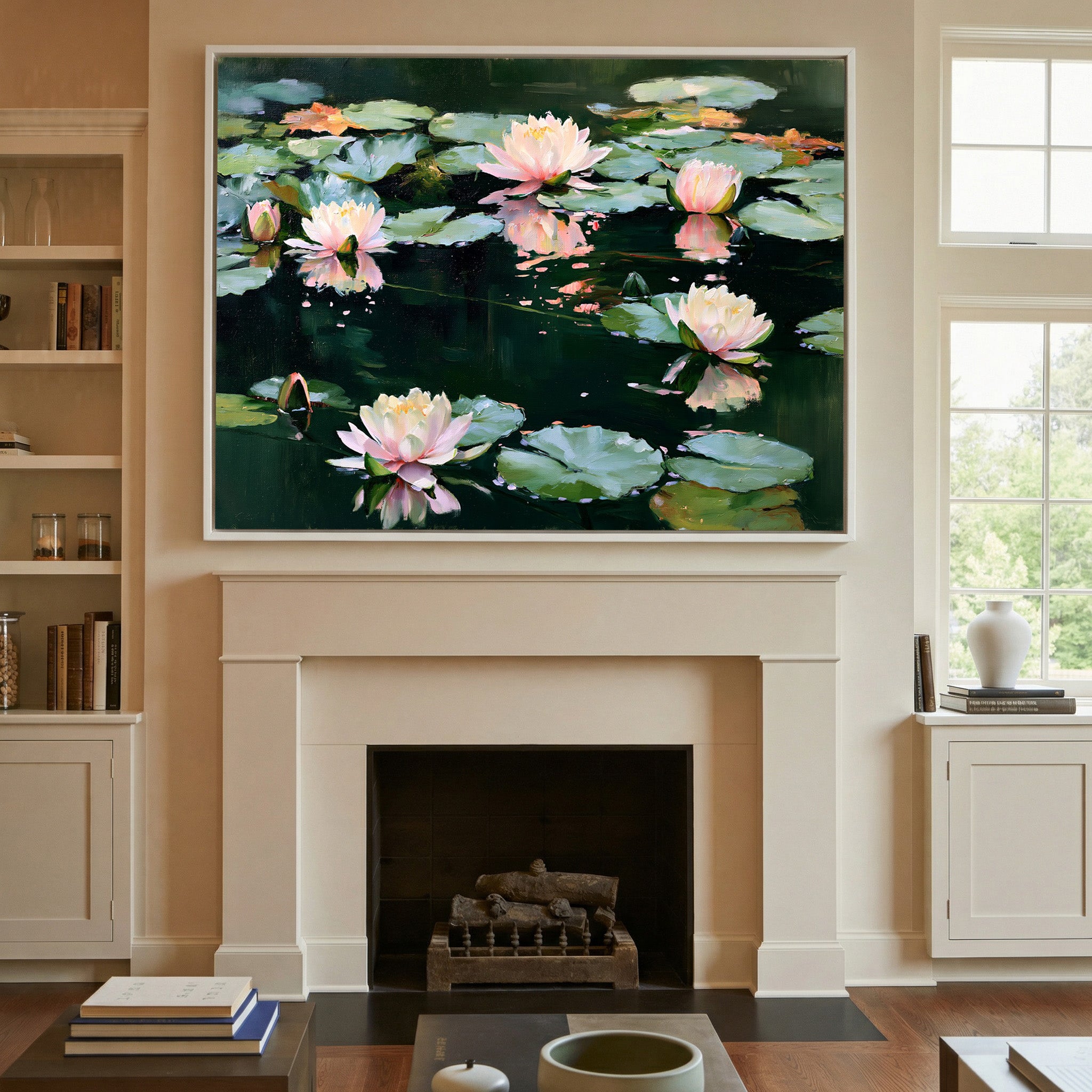 pink and white water lilies on dark green water canvas wall art in a white frame above a mantel