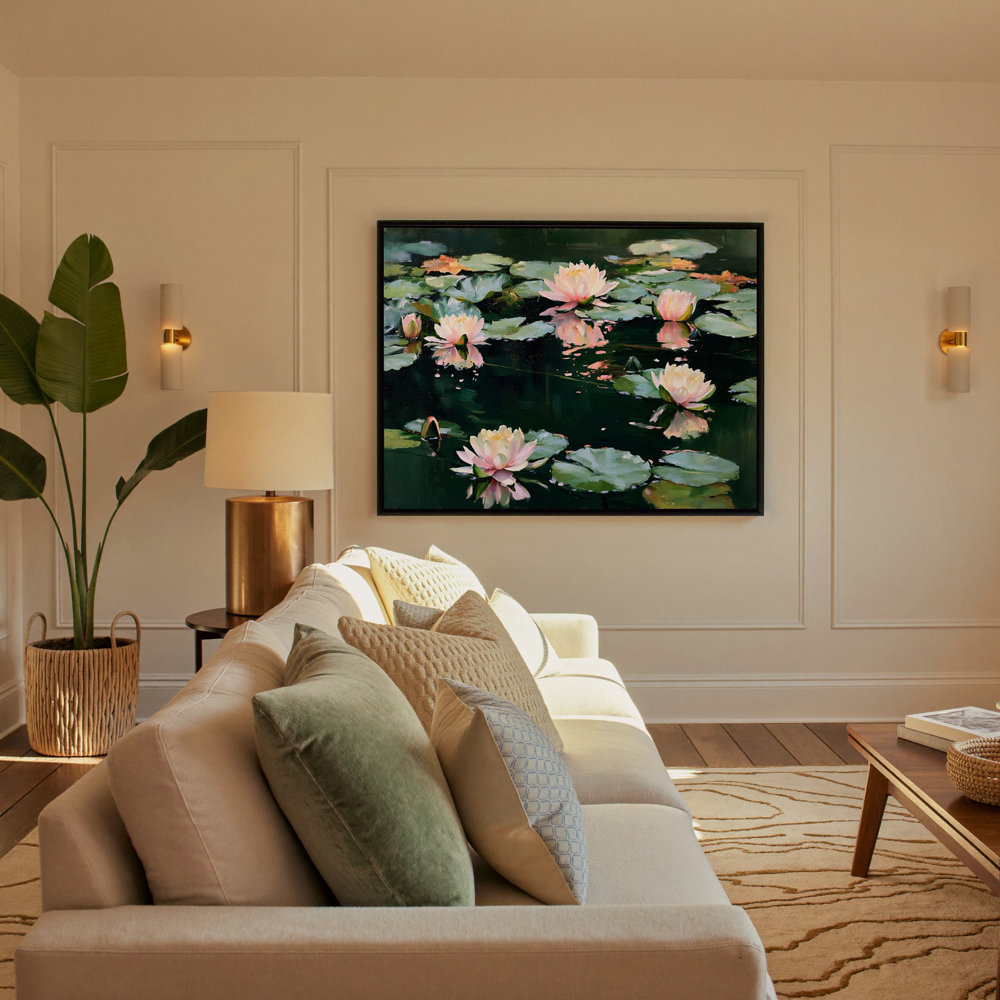 pink and white water lilies on dark green water canvas wall art in a black frame in a styled room setting