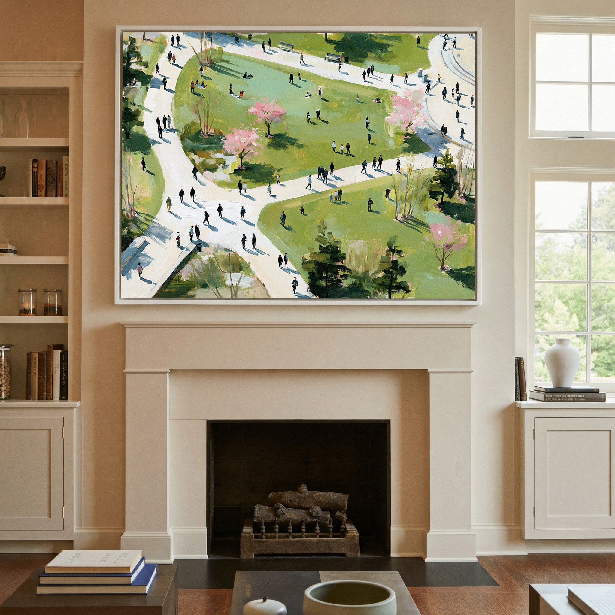 green park with winding paths and scattered canvas wall art in a white frame above a mantel