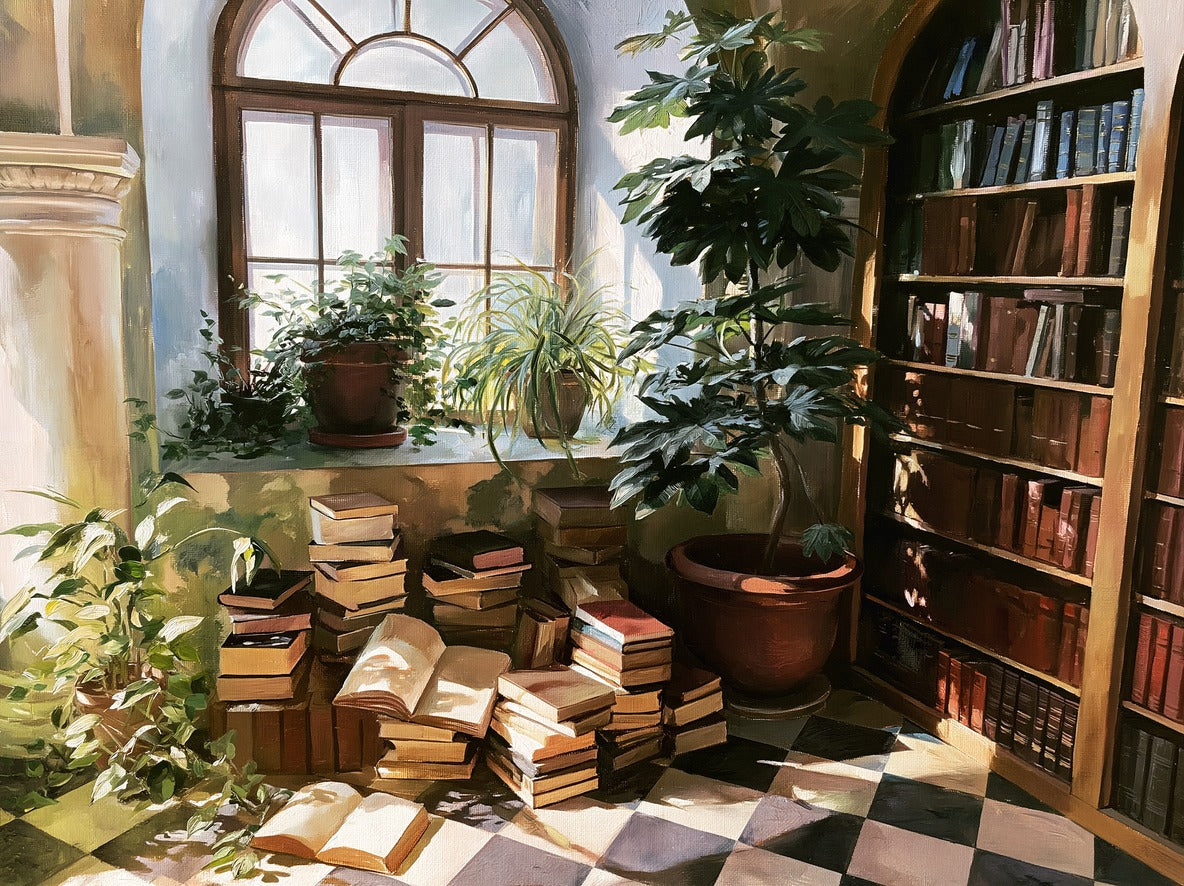 Arched window, stacked books, and potted plants in a sunlit library corner with dark shelves