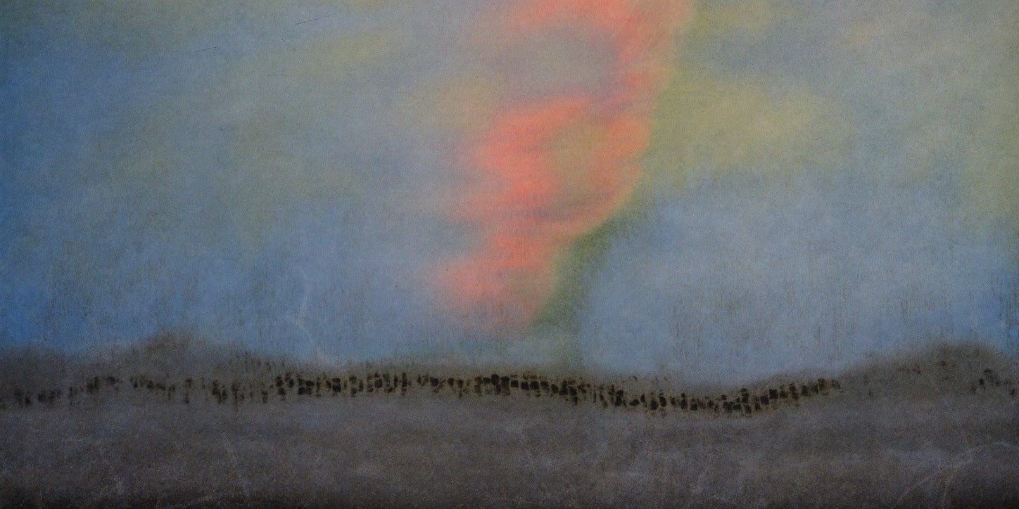 Soft blue abstract with coral glow rising above a dark horizon line and pale yellow upper right