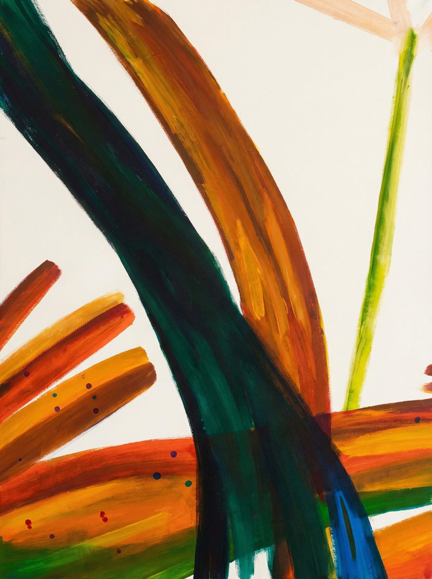 Sweeping orange, green, and blue abstract arcs crossing a pale ground with open white space