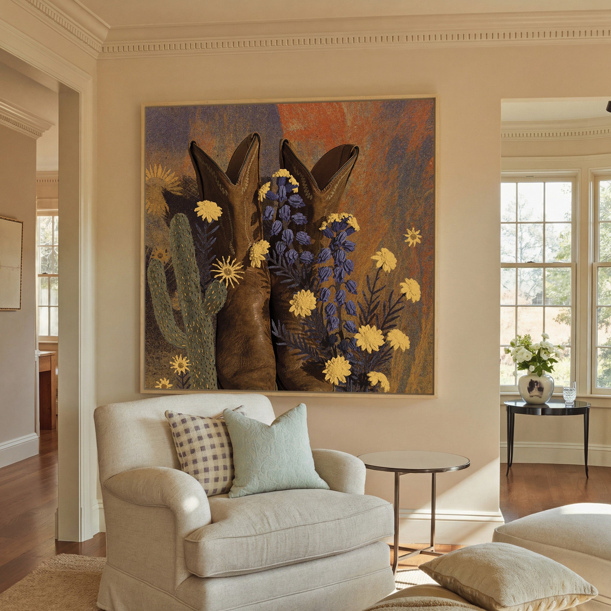 brown boots with yellow and blue wildflowers canvas wall art in a natural wood frame in a styled room setting