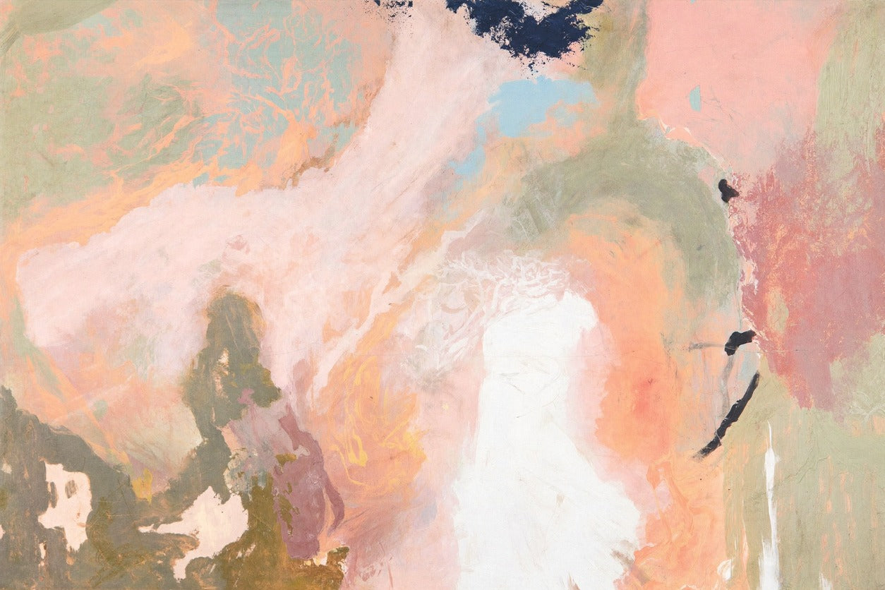 Soft peach and sage abstract with a bright white center opening and navy marks at the top and right