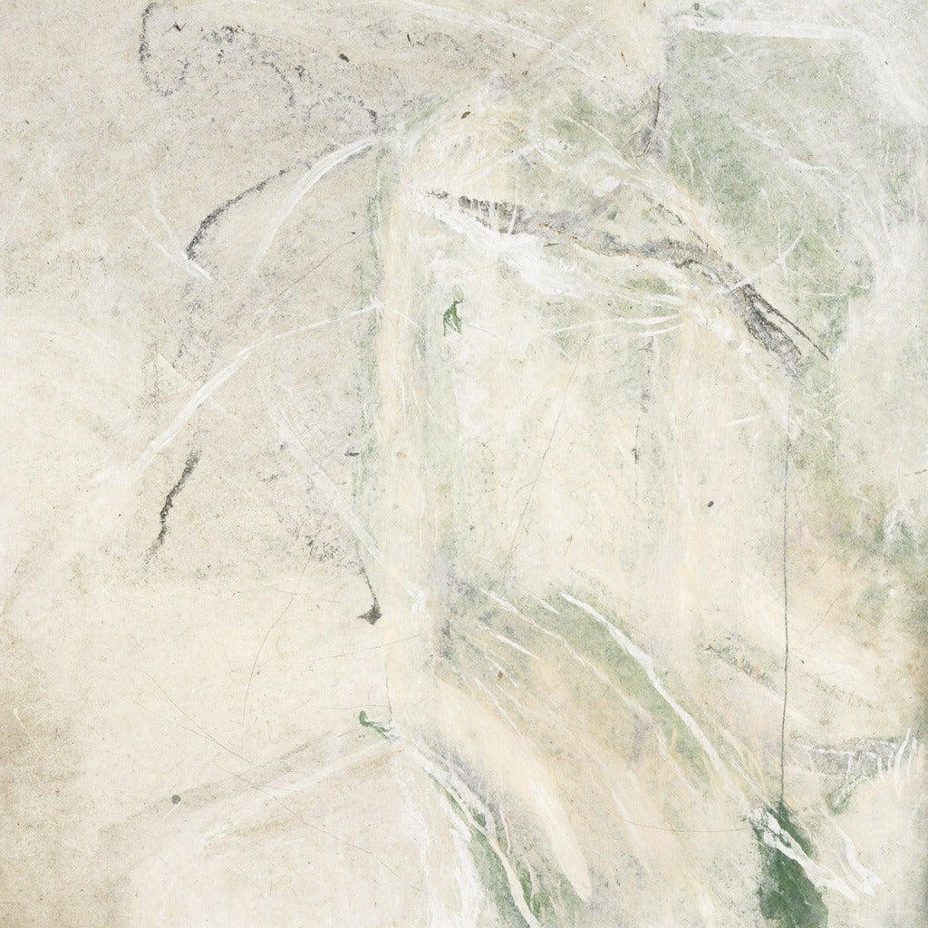 Soft cream abstract with pale green sweeps, white diagonal streaks, and thin charcoal marks