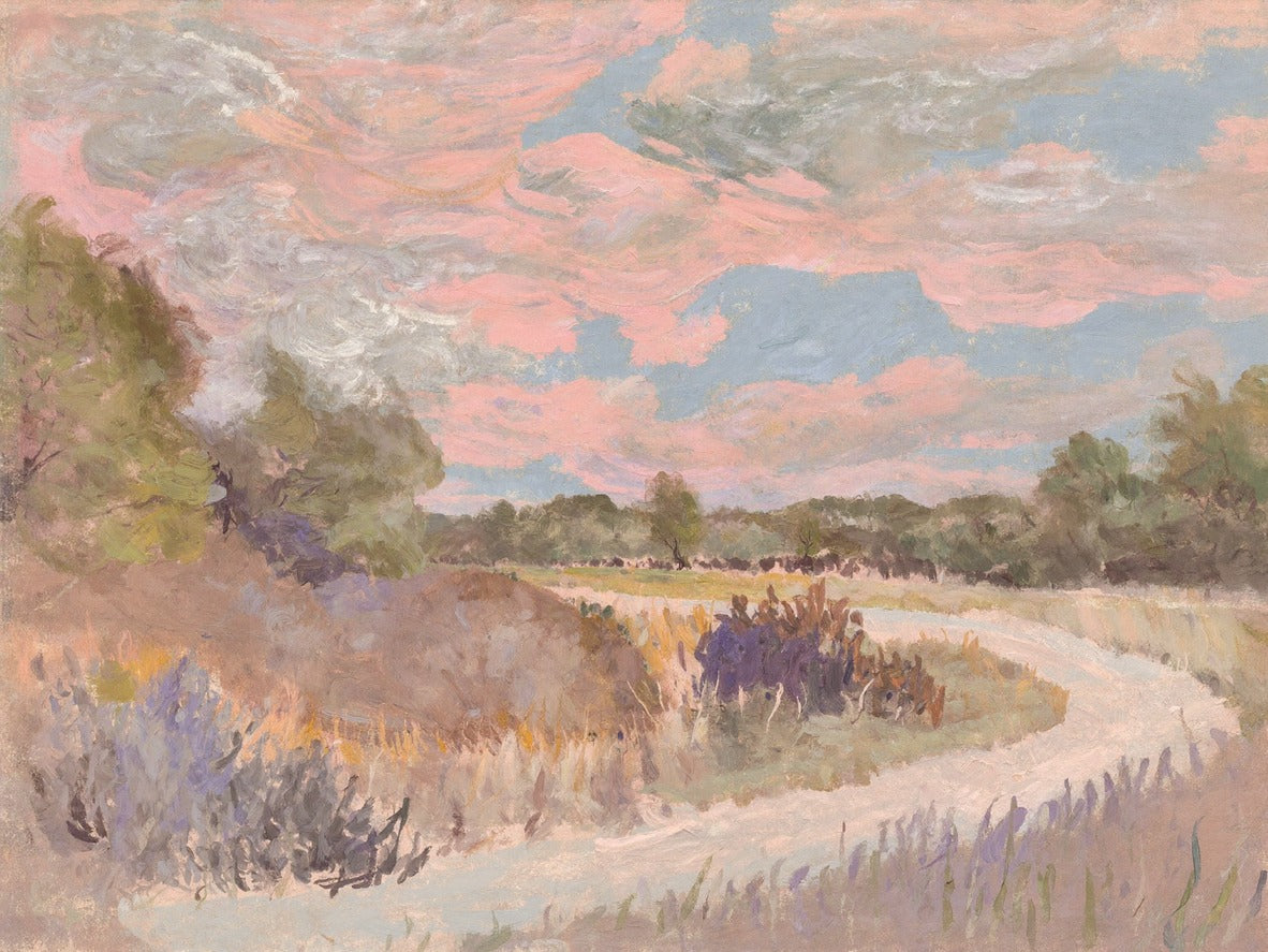 Winding meadow path with lavender grasses, pink clouds, and muted green trees across a soft sky
