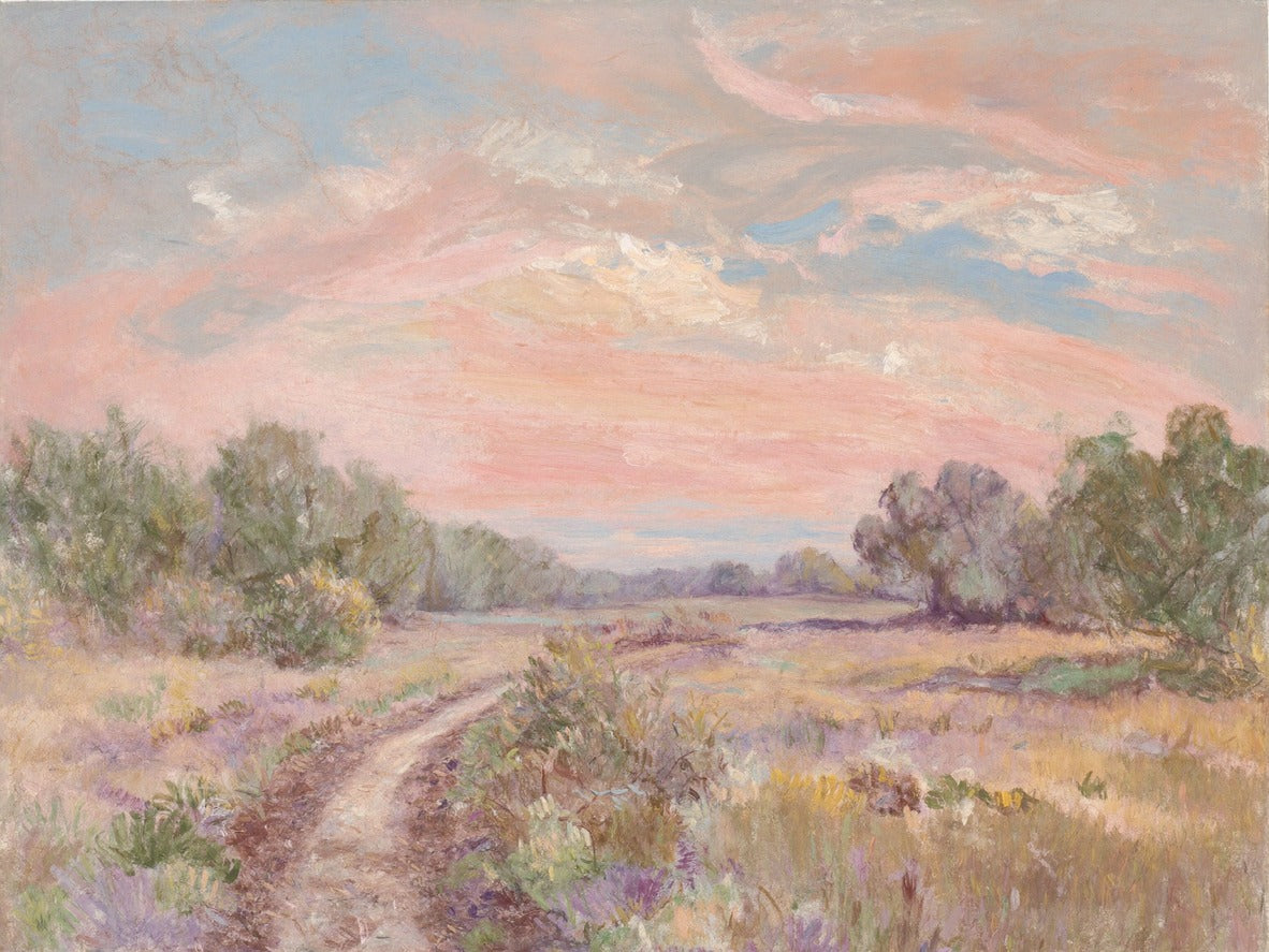 Curving meadow path beneath a pink and blue sky with lavender grasses and low shrubs