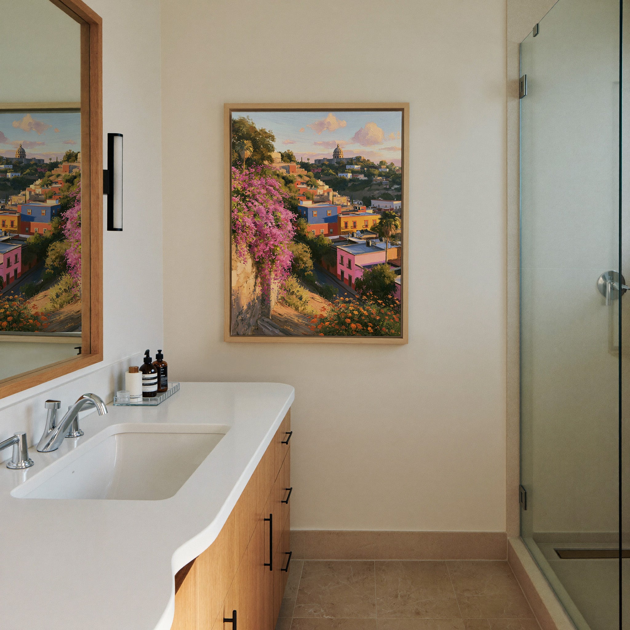 colorful hillside town with a canvas wall art in a natural wood frame in a styled room setting