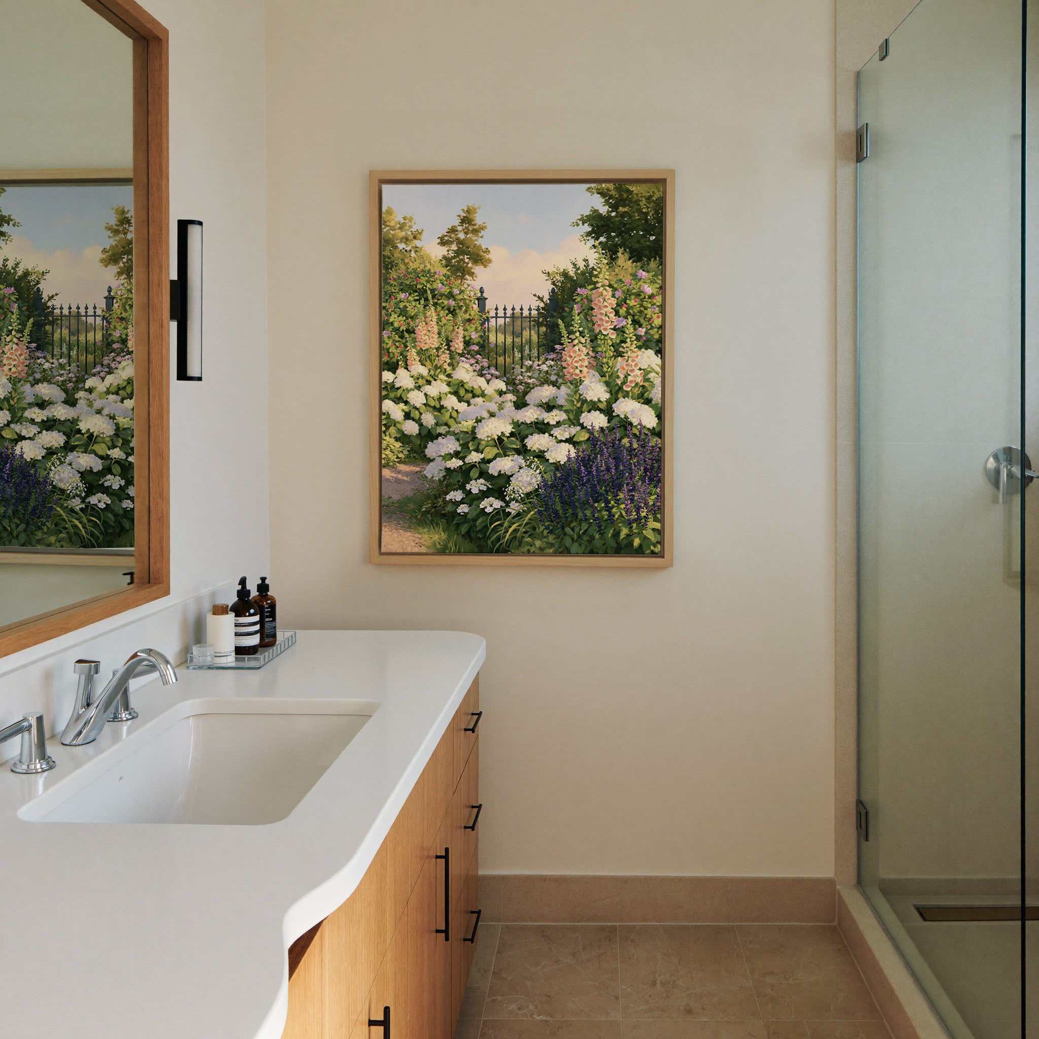 flower filled garden with iron canvas wall art in a natural wood frame in a styled room setting