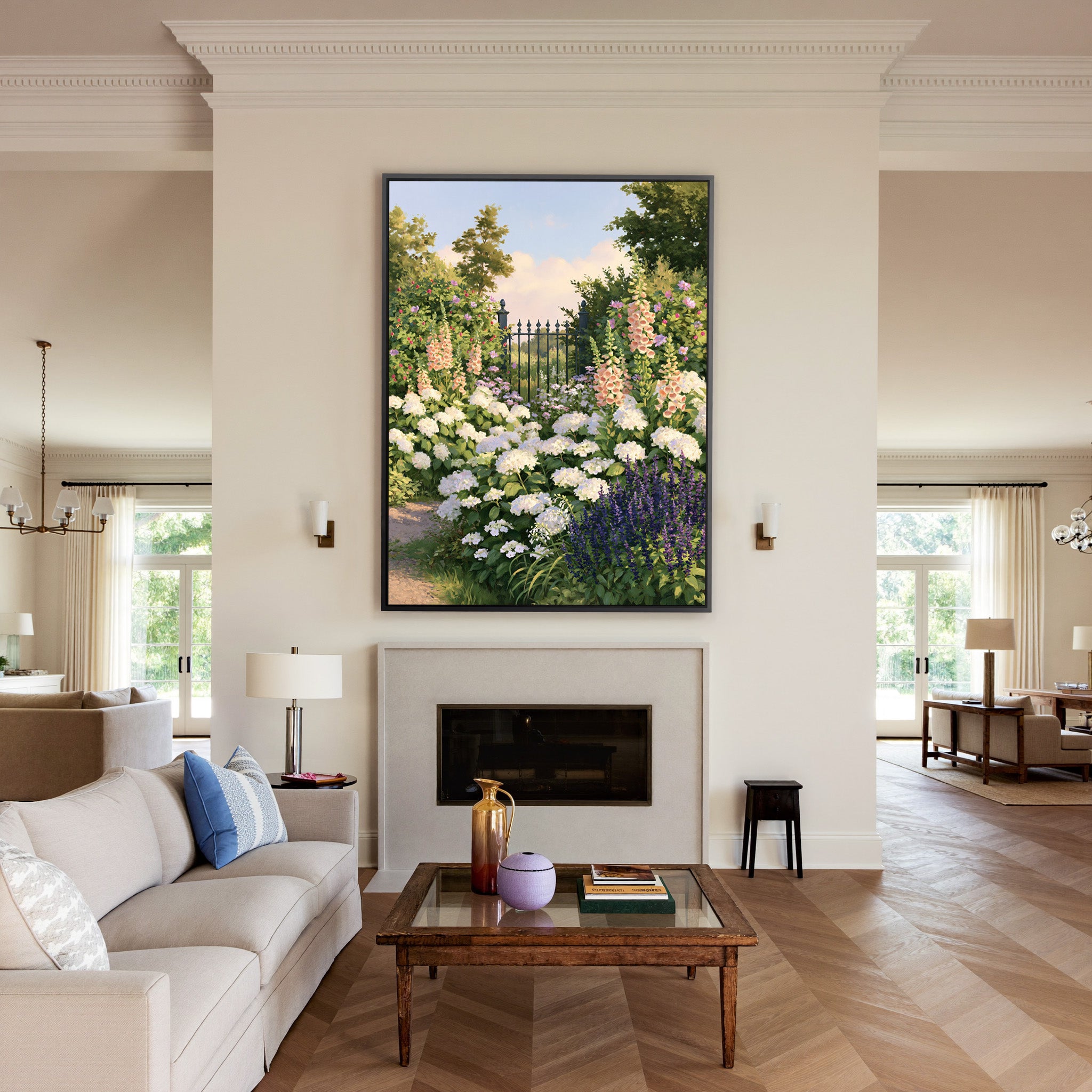 flower filled garden with iron gate and pastel canvas wall art in a black frame above a mantel