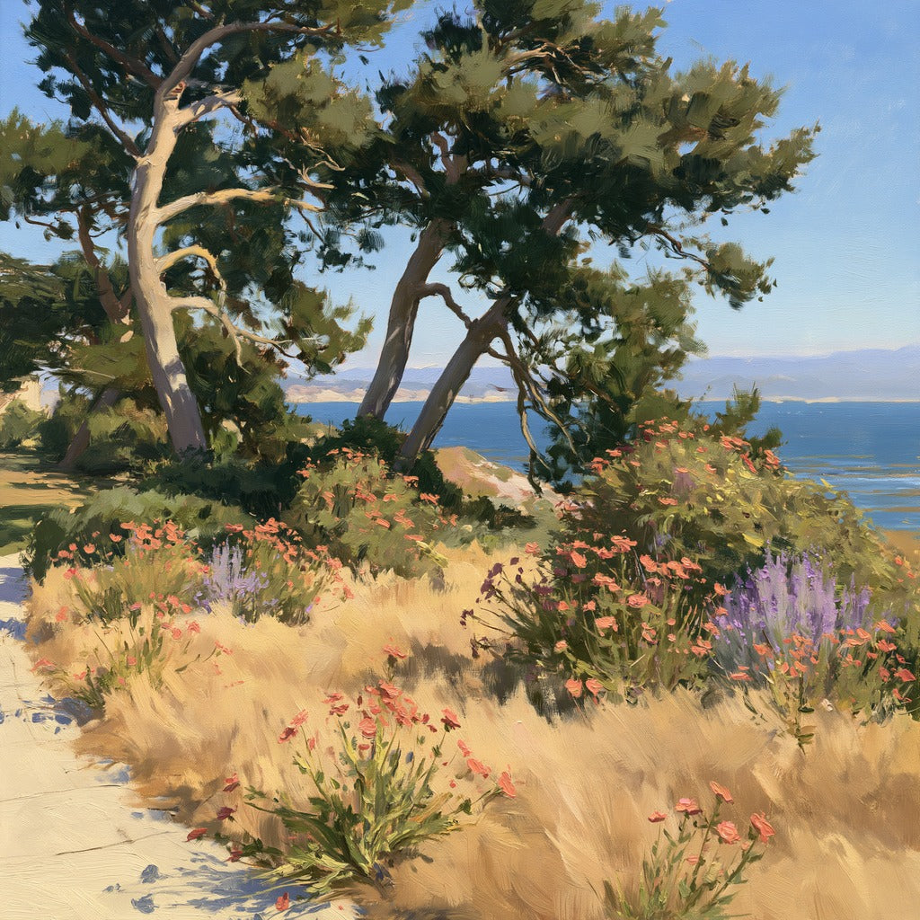 Wind-shaped cypress trees above dry grass and pink blooms beside blue water