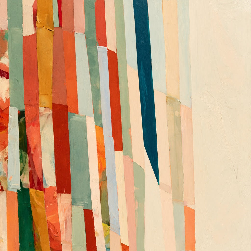 Broken vertical bands of coral, teal, sage, gold, and cream across a pale abstract ground