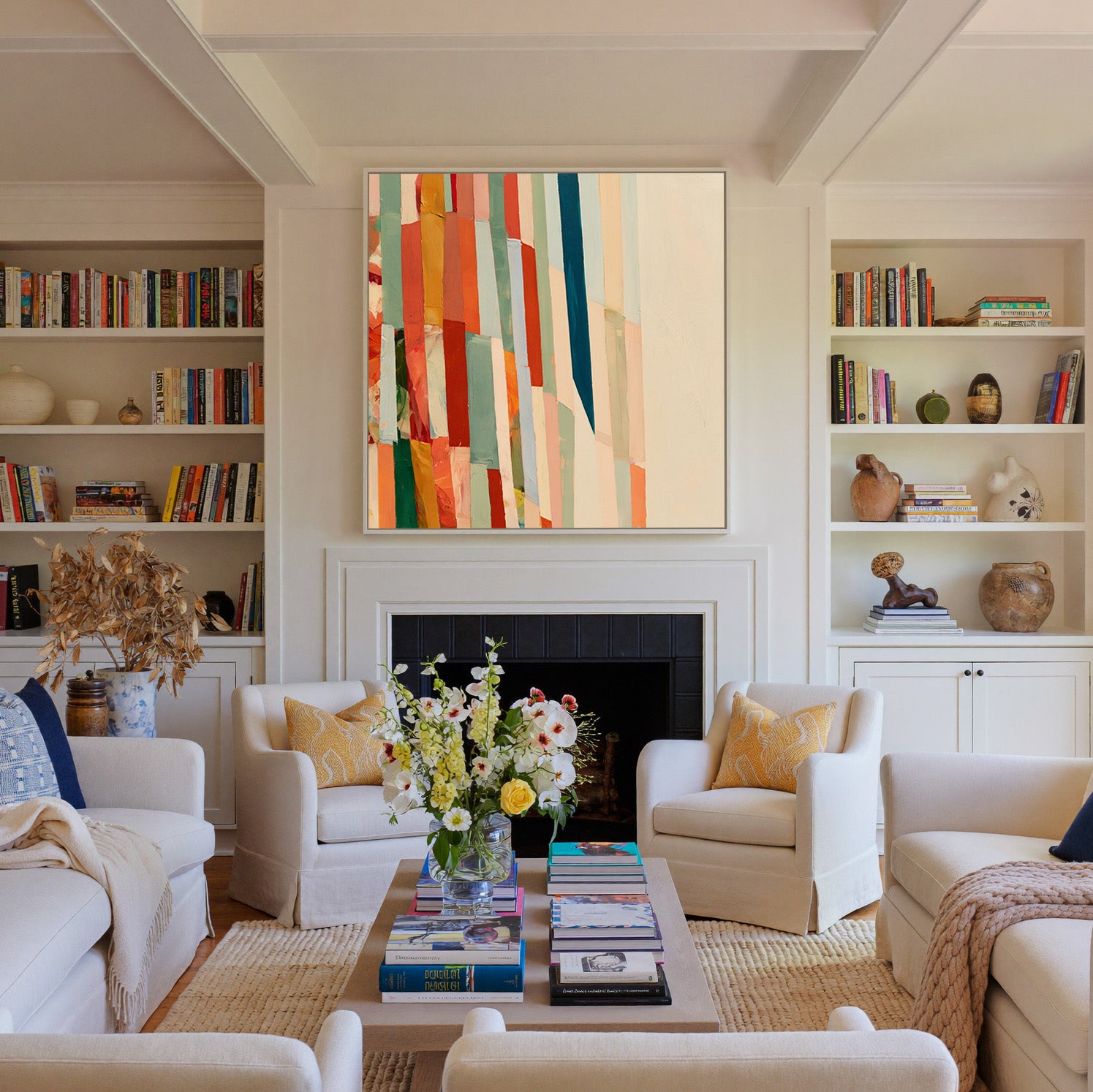 broken grid of vertical color bands canvas wall art in a white frame above a fireplace