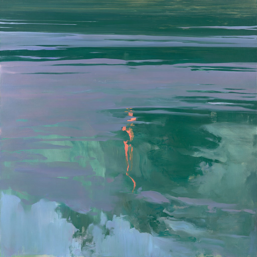 Green and lavender abstract fields with a thin coral line and pale blue lower edge