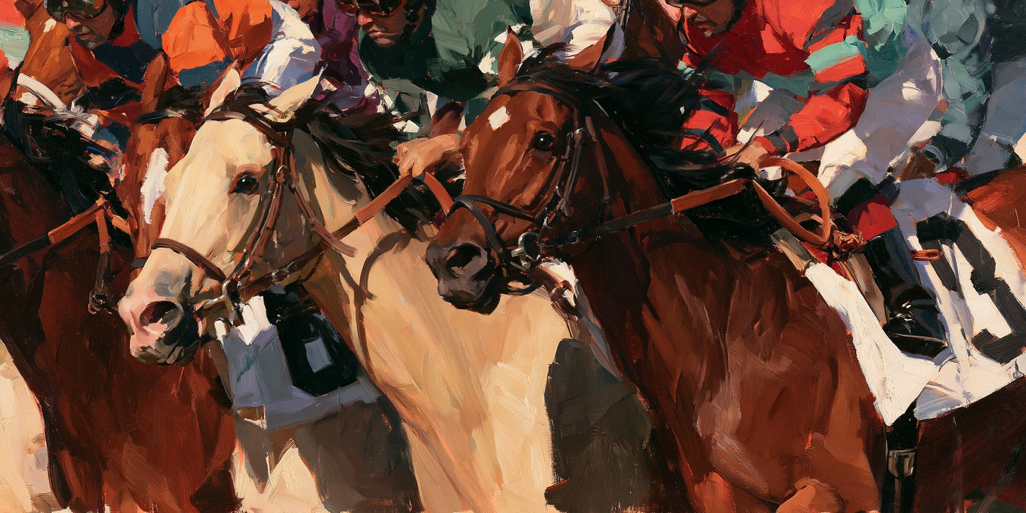 Tight racehorse crowd with cream and chestnut horses, red gear, and dark bridles