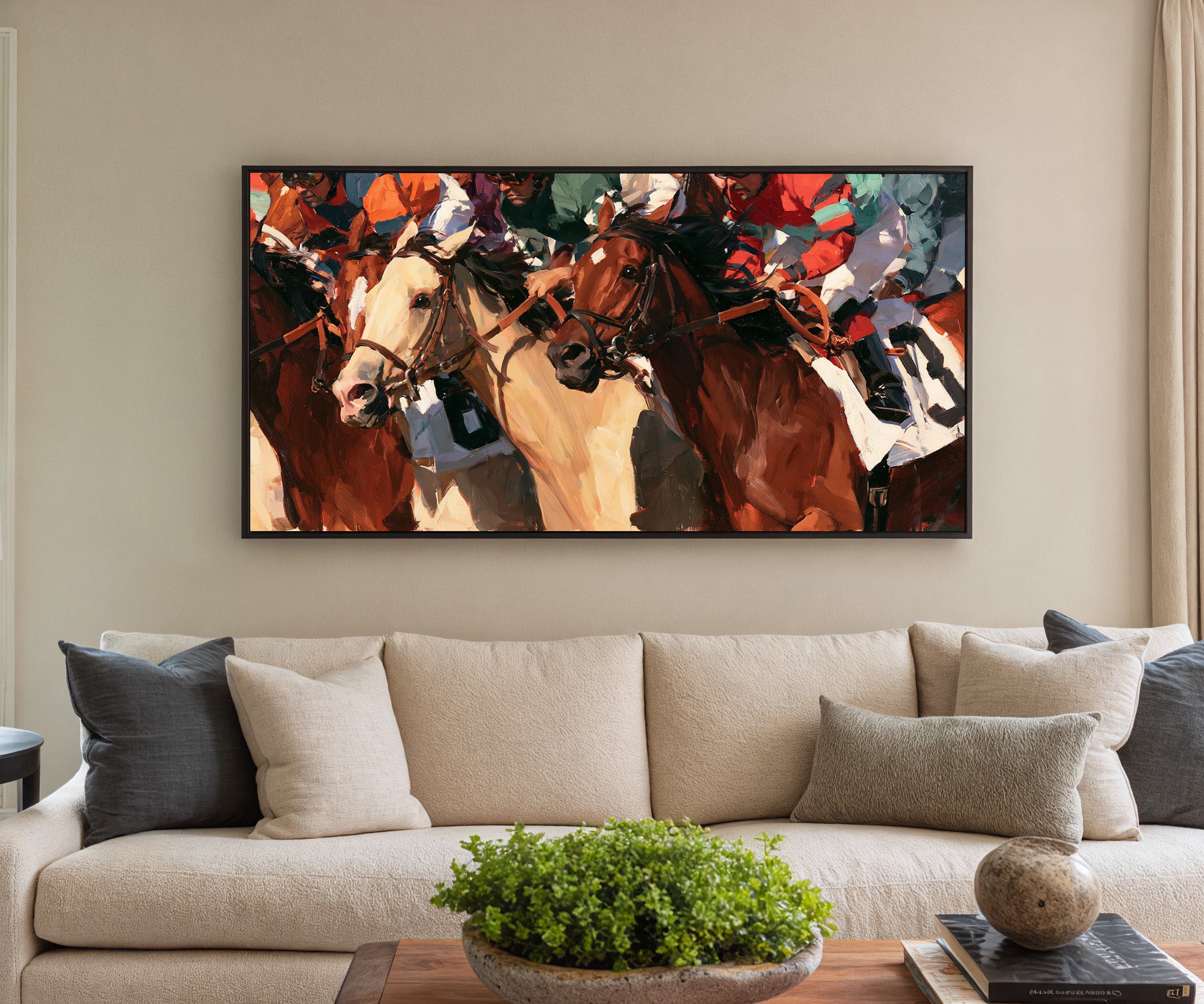 tight racehorse crowd with cream and chestnut canvas wall art in a black frame in a styled room setting