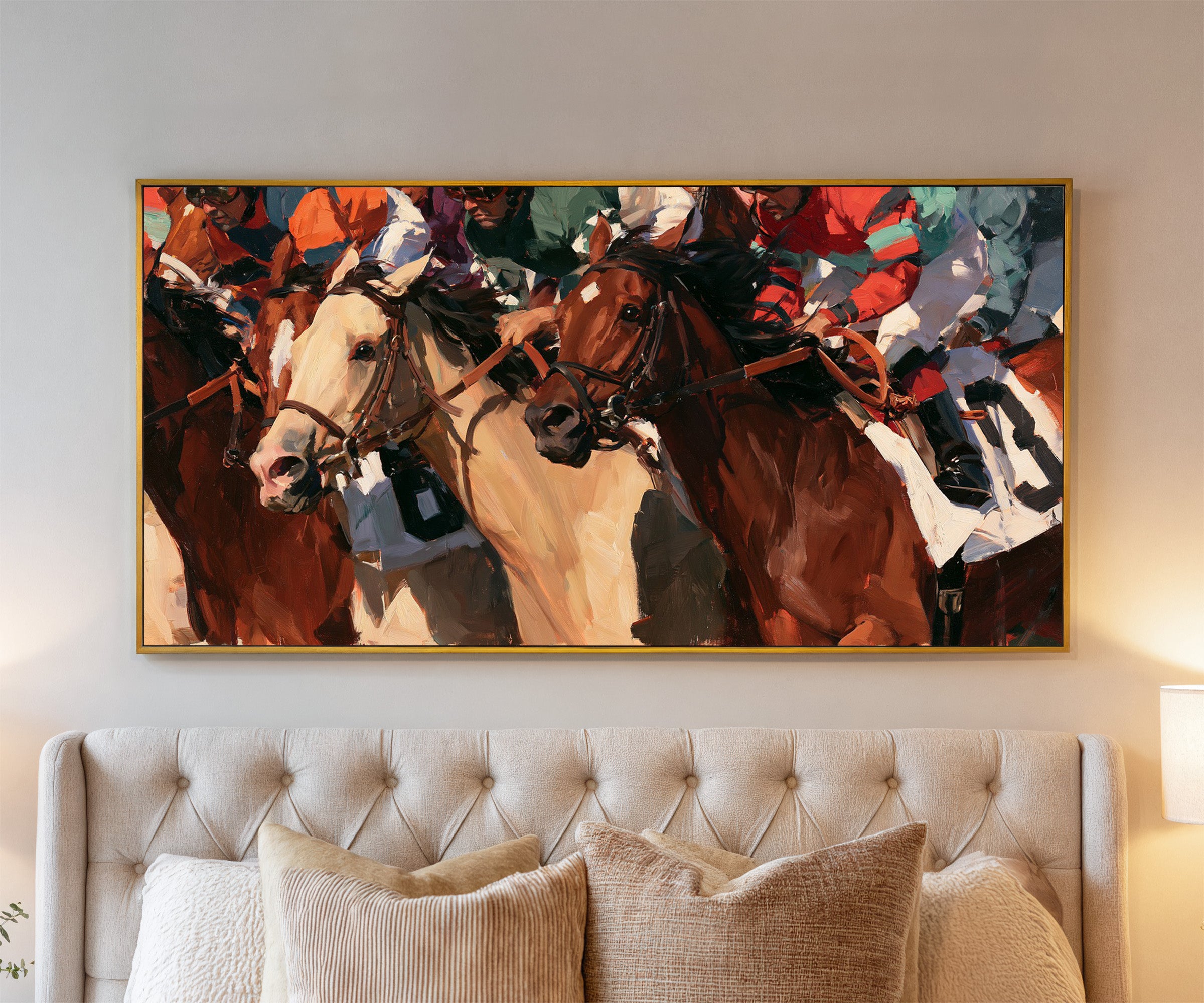 tight racehorse crowd with cream and chestnut canvas wall art in a gold frame above a bed