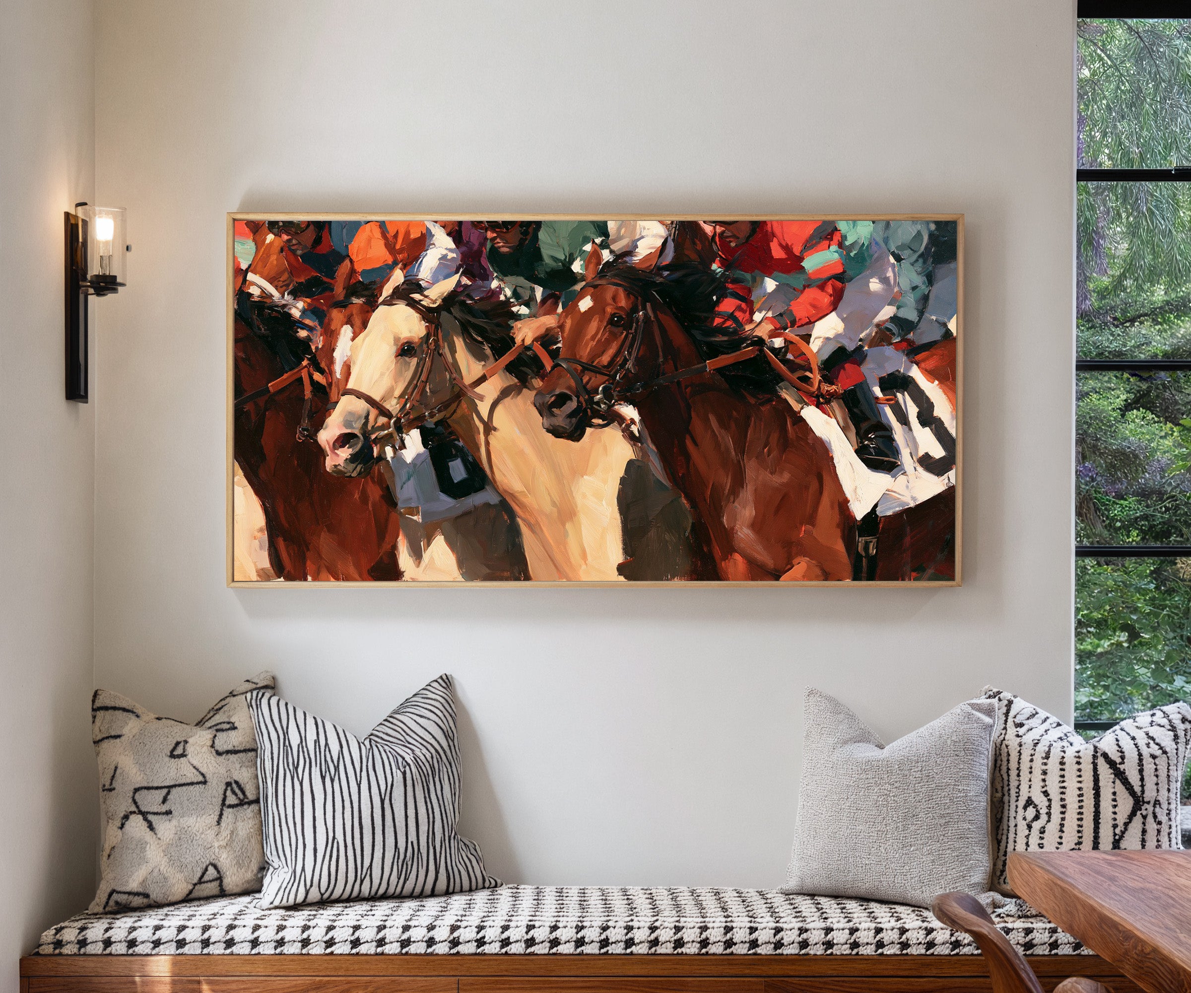tight racehorse crowd with cream and chestnut canvas wall art in a natural wood frame in a living room