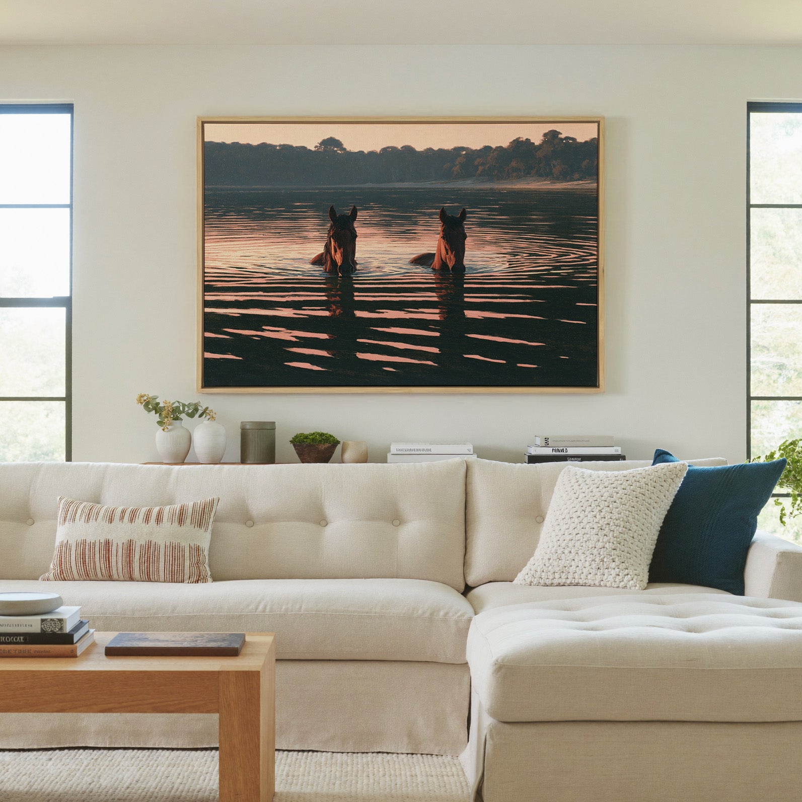 two brown horses wading in dark water at sunset canvas wall art in a natural wood frame in a living room
