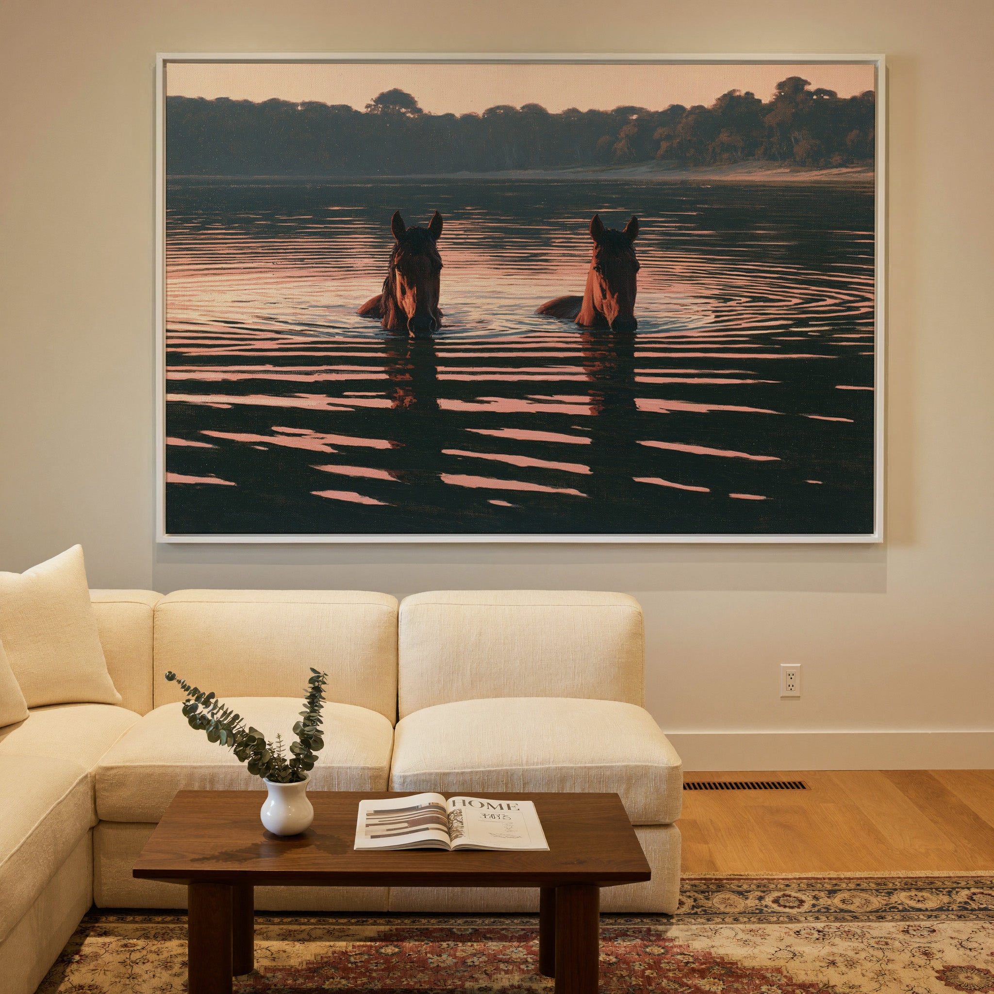 two brown horses wading in dark water at sunset canvas wall art in a white frame in a styled room setting