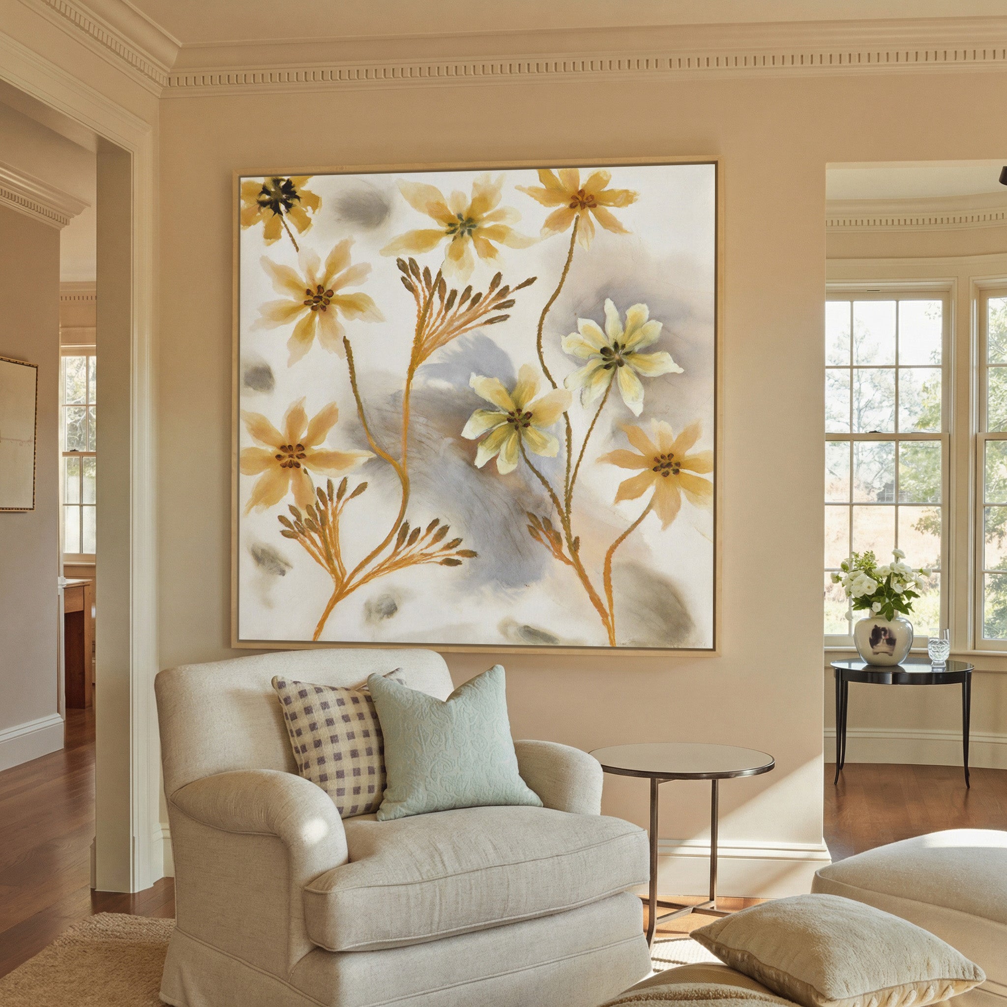 soft saffron and gray abstract floral forms canvas wall art in a natural wood frame in a styled room setting