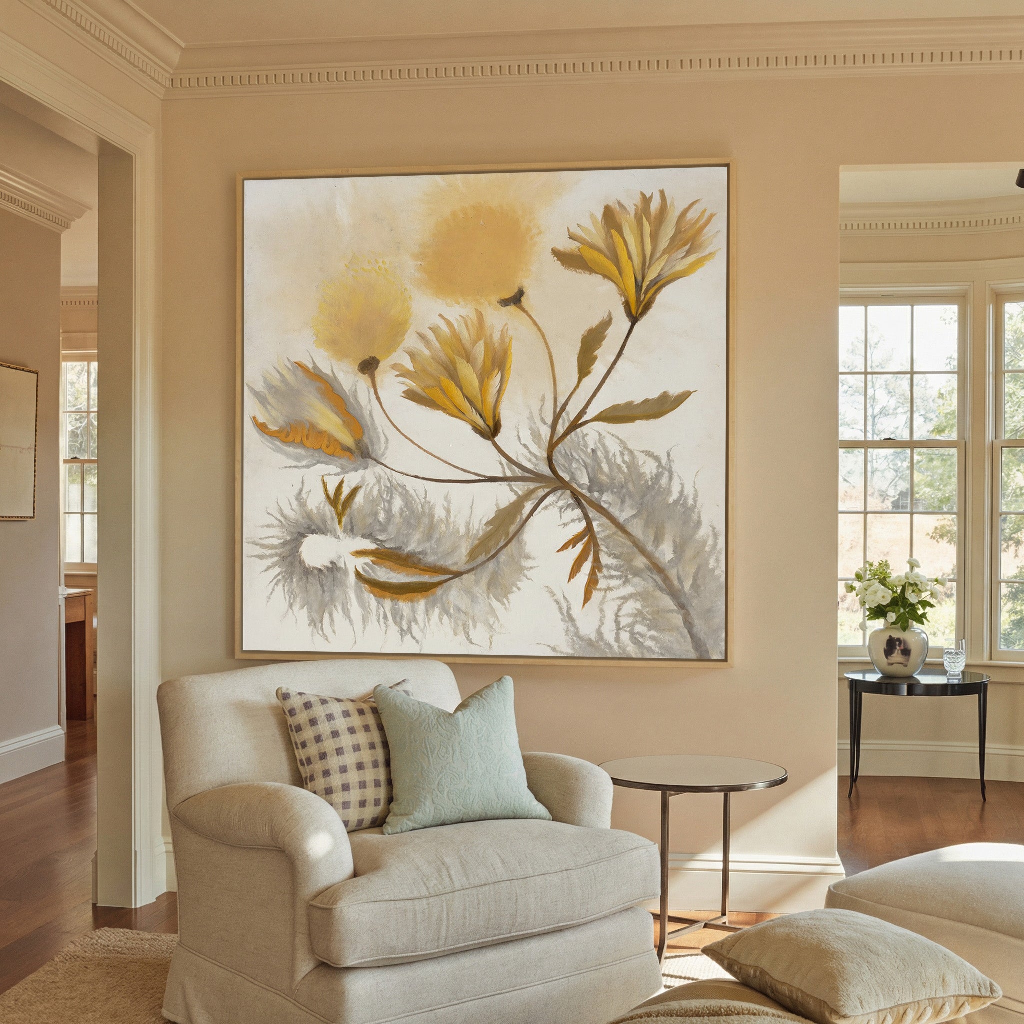 soft ochre and gray abstract canvas wall art in a natural wood frame in a styled room setting