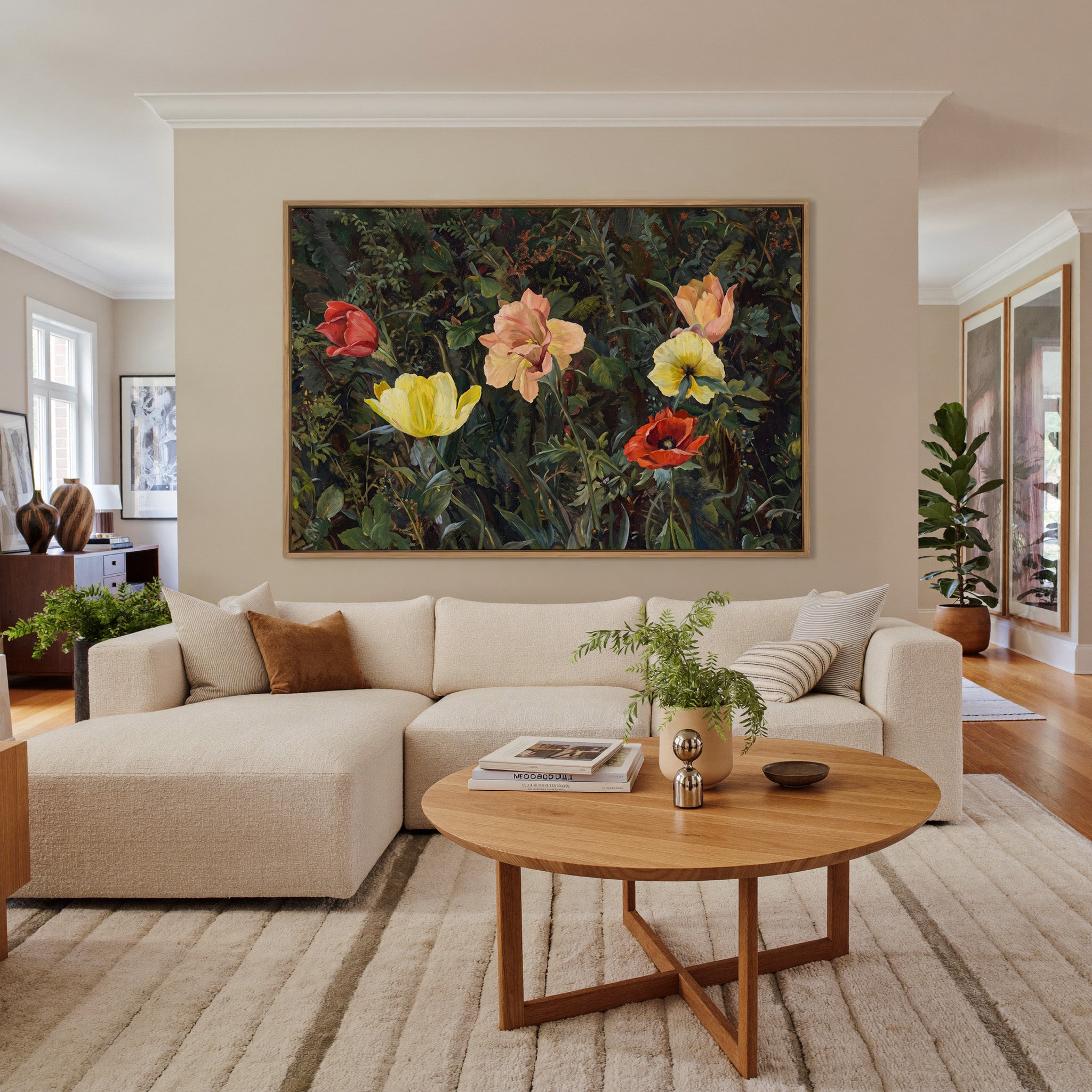 dark foliage with yellow, peach, and red poppies canvas wall art in an oak frame in a living room