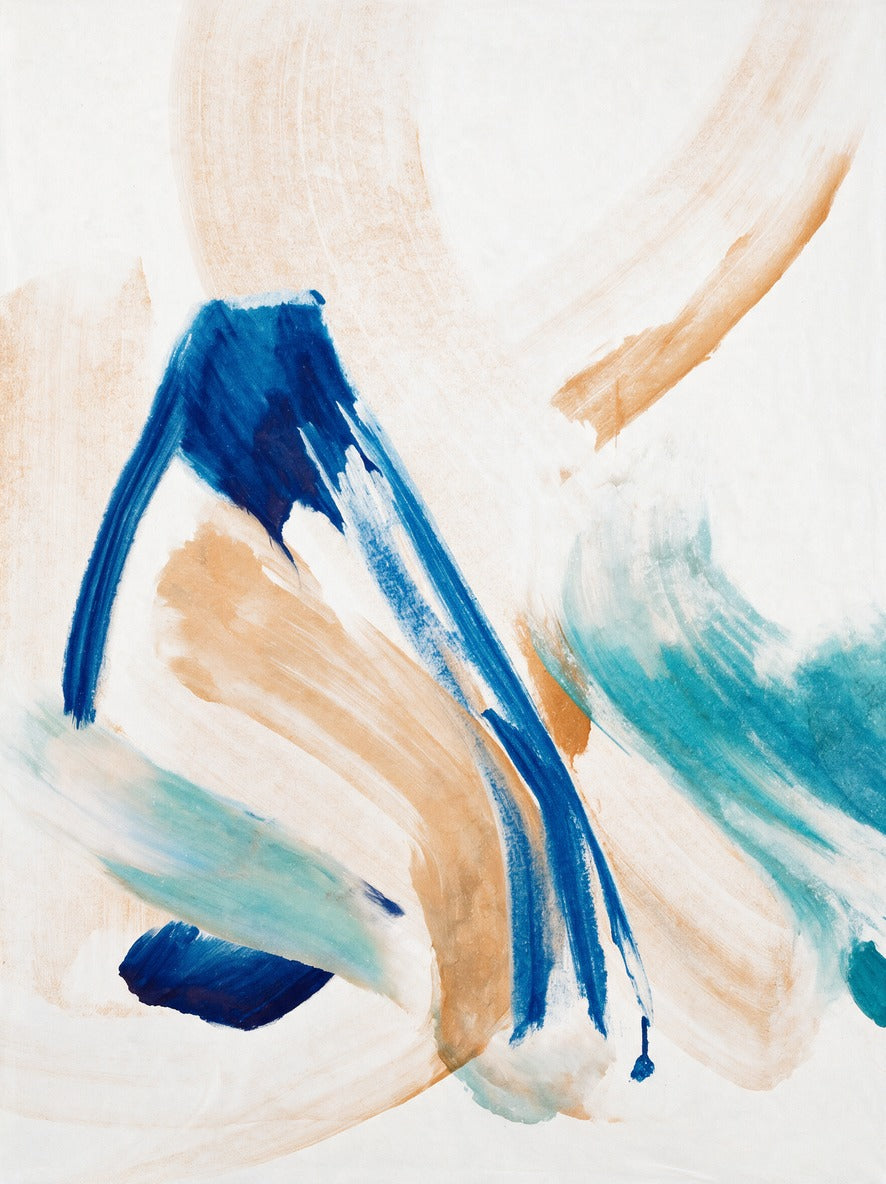 Blue arcs and aqua beige sweeps crossing a white abstract canvas print with open space